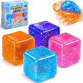 Ice Cube Squishy Toys, Glitter Stress Cube 4 Pcs | 2 Inch Sensory Squeeze Toys, Squishy Cube Pack for Adult Anxiety Stress Relief