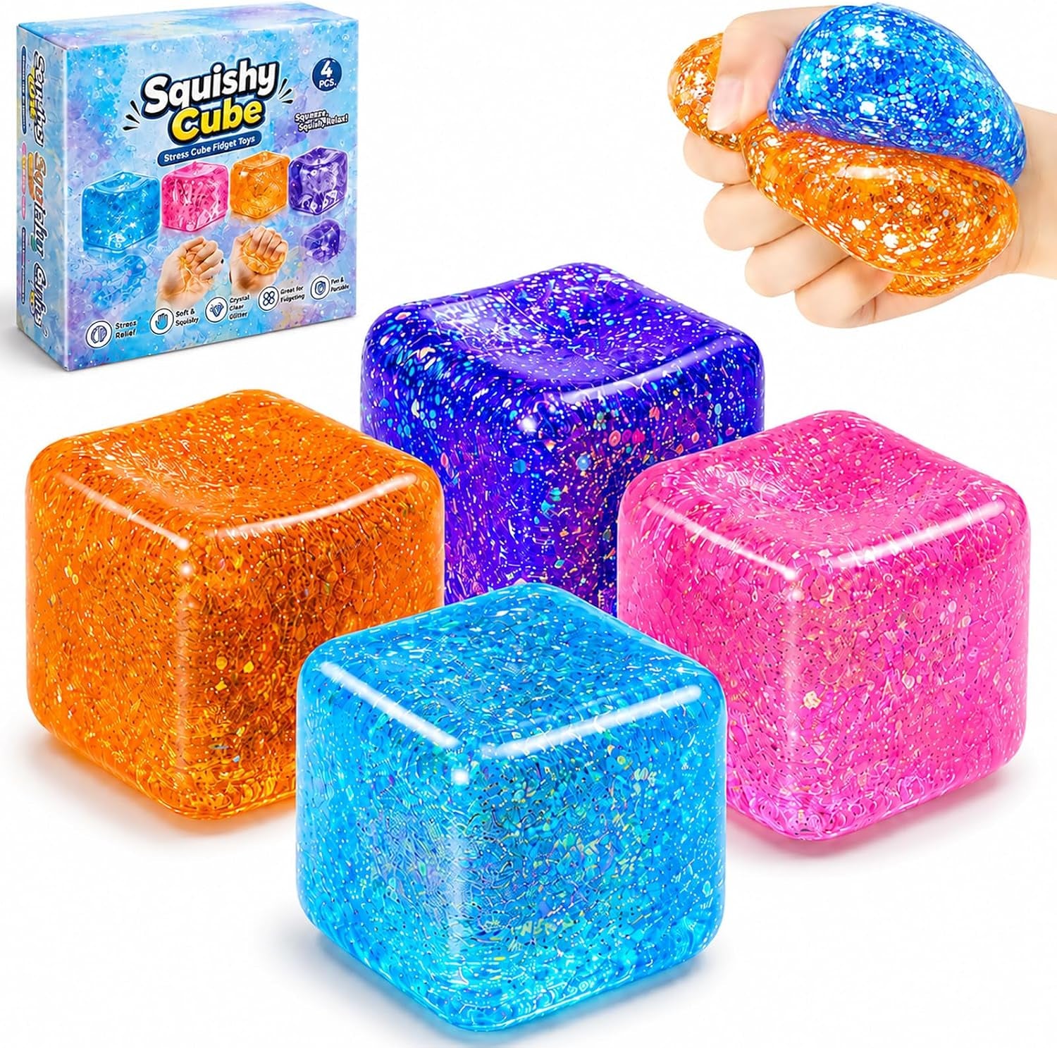 Ice Cube Squishy Toys, Glitter Stress Cube 4 Pcs | 2 Inch Sensory Squeeze Toys, Squishy Cube Pack for Adult Anxiety Stress Relief