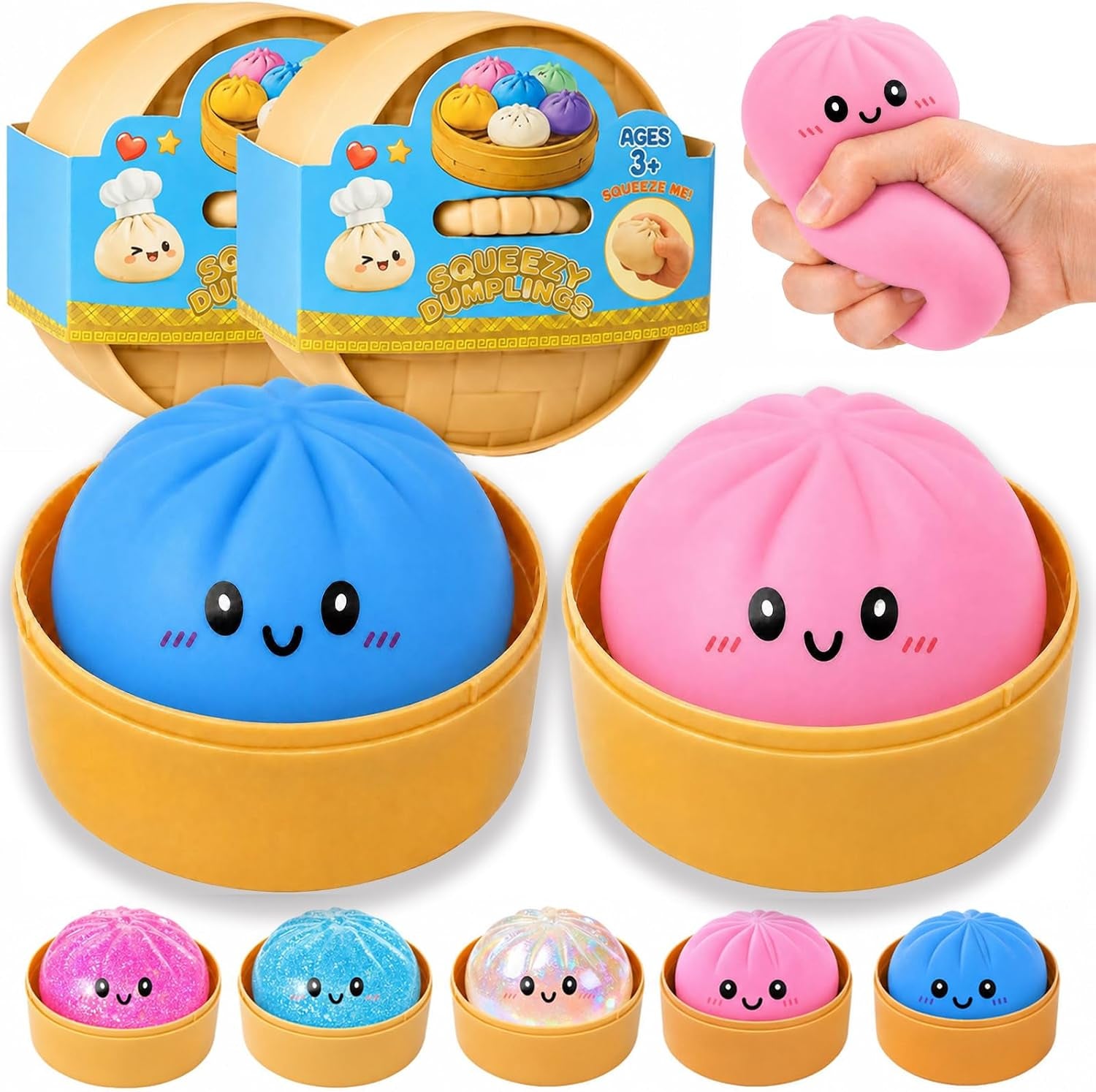 Dumpling Squishies, Glitter Dumpling Mystery Box, Fidget Sensory Toy for Adults,Colorful Dumplings Stress Balls with Food Steamer,Stretchy Desk Toys (Pink)