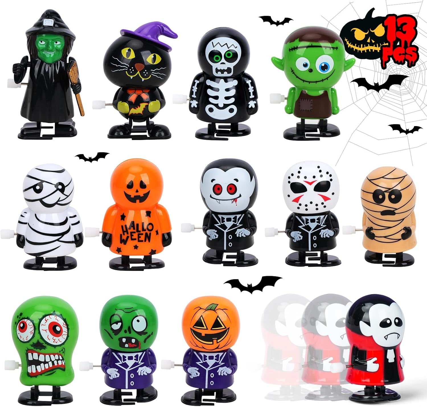 13 Pcs Halloween Wind up Toys Halloween Party Favors for Kids Toddler Halloween Bulk Toys for Treat Bags Halloween Goodies Bag Stuffers Fillers Halloween Treats Toys for Kids Boys Girls