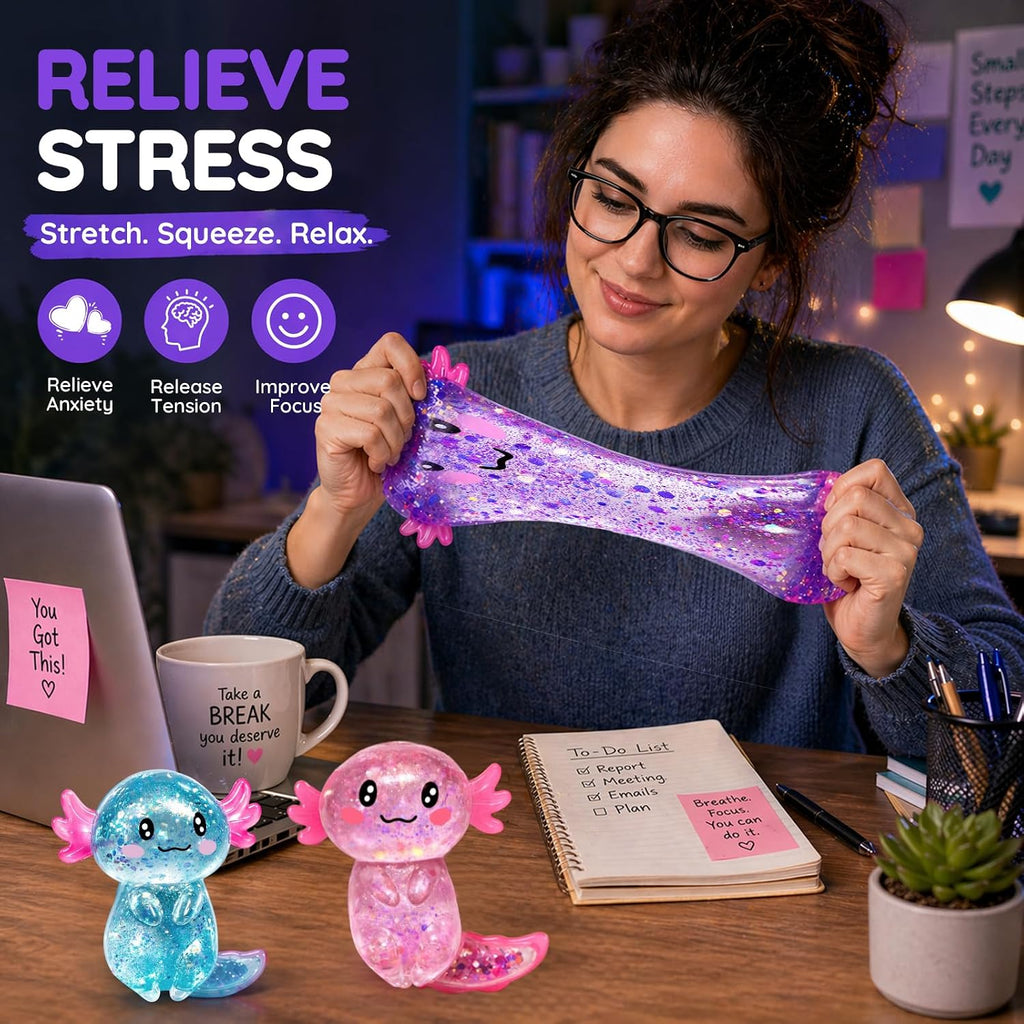 Axolotl Squishy Glitter Stress Relief Toy, Stretchy Axolotls Stress Ball, Relief Squishy Toys, Fidget Toys for Kids Youth Adult, Salamander Gift for Party Birthday Christmas (Blue)