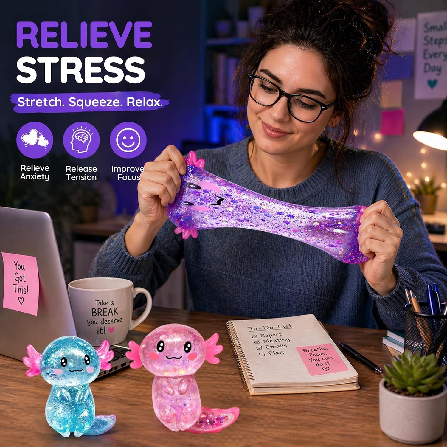 Axolotl Squishy Glitter Stress Relief Toy, Stretchy Axolotls Stress Ball, Relief Squishy Toys, Fidget Toys for Kids Youth Adult, Salamander Gift for Party Birthday Christmas (Blue)