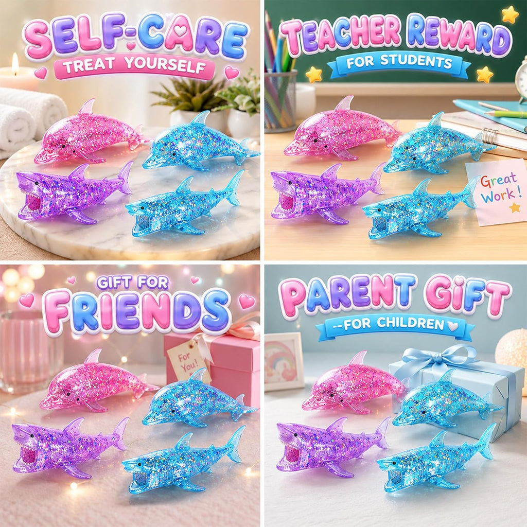 4 Pack Glitter Shark Sugar Stress Ball, Soft Dolphin Squeeze Sensory Balls for Adults Anxiety Relief, Pink Blue Kawaii Animals Stress Gifts for Ocean Party Favors