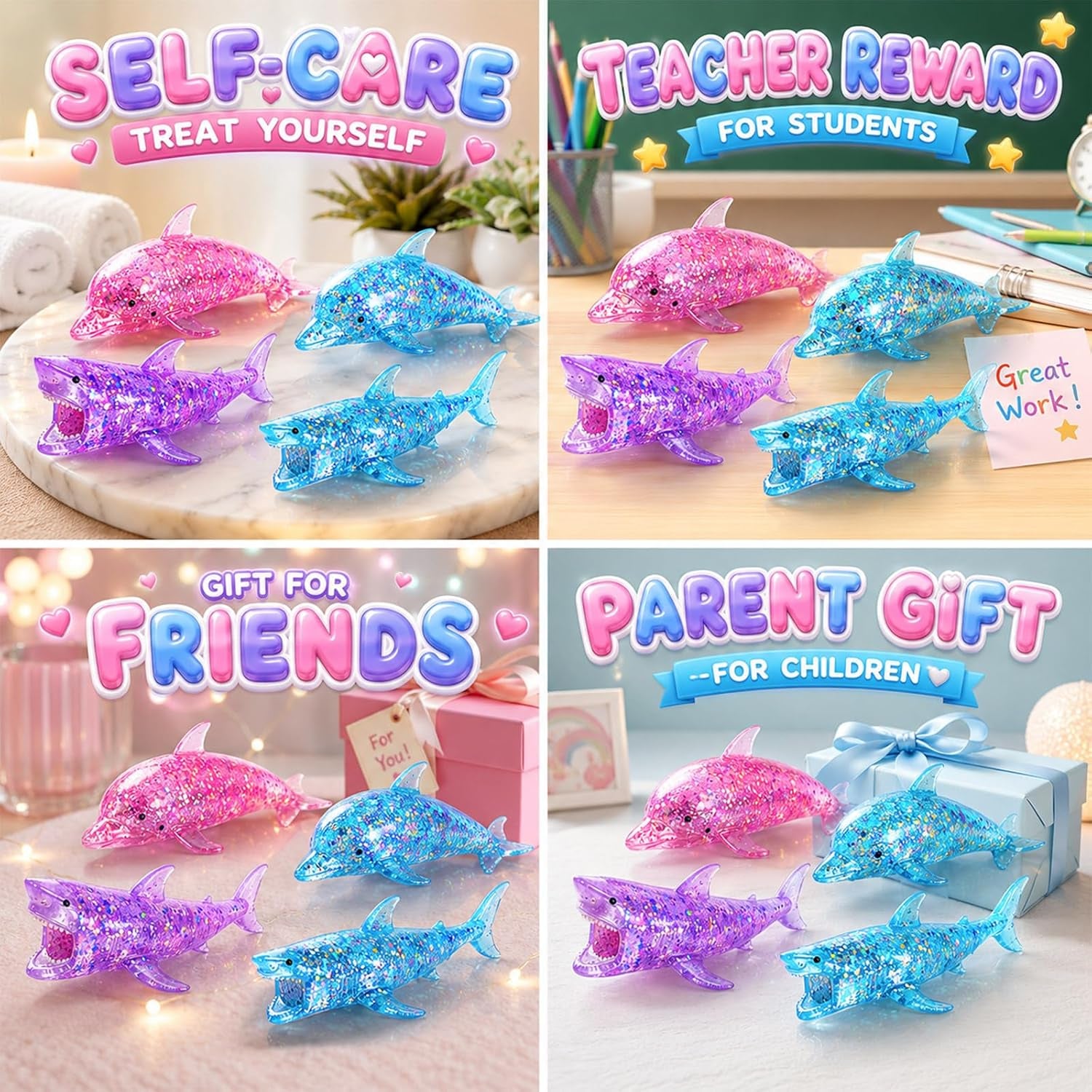4 Pack Glitter Shark Sugar Stress Ball, Soft Dolphin Squeeze Sensory Balls for Adults Anxiety Relief, Pink Blue Kawaii Animals Stress Gifts for Ocean Party Favors