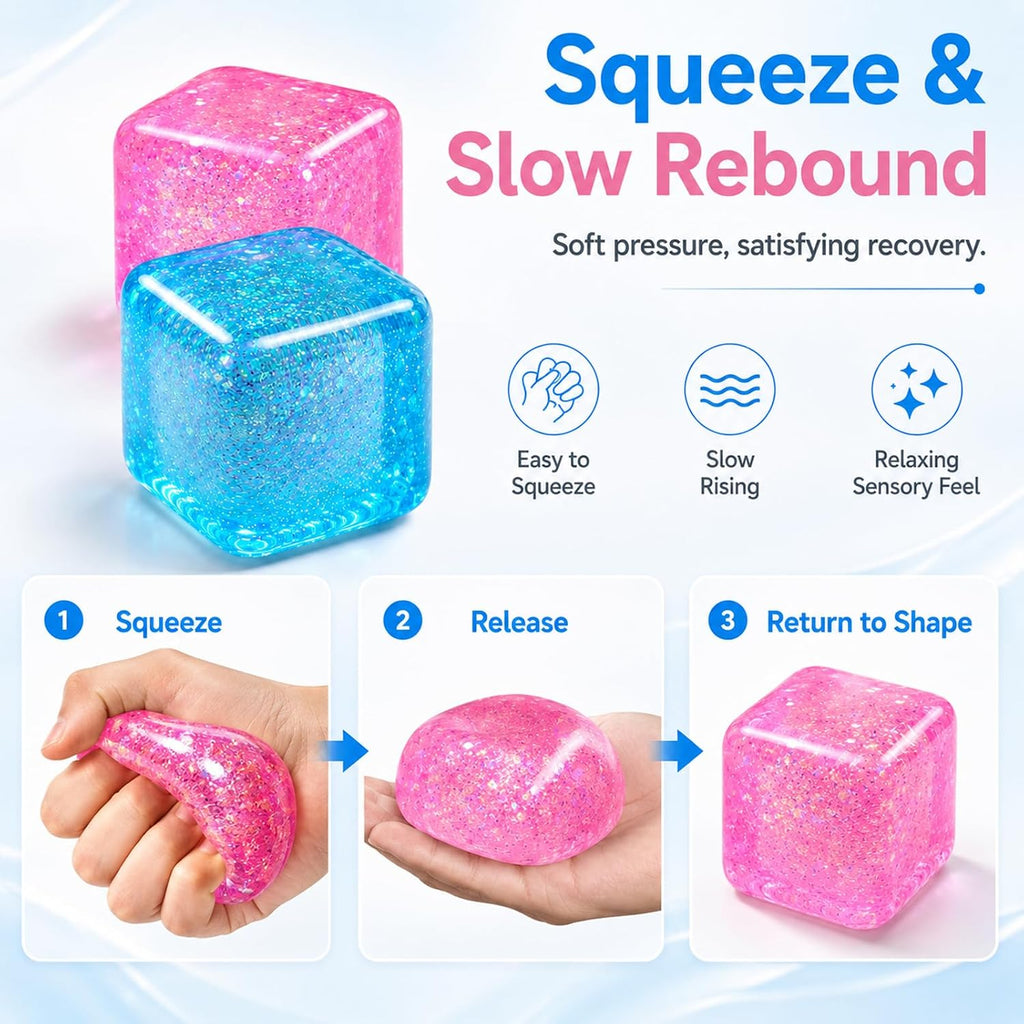 Ice Cube Squishy Toys, Glitter Stress Cube 4 Pcs | 2 Inch Sensory Squeeze Toys, Squishy Cube Pack for Adult Anxiety Stress Relief