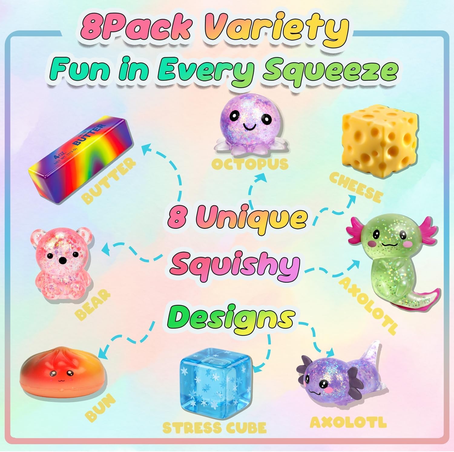 8Pack Squishy Fidget Toys for Kids Adults, Slow Rising Sensory Squeeze Toys | Soft Dumpling Squishy, Butter/Cheese Squishy, Fidget Toys Party Favors, Birthday Gifts, Classroom Prizes