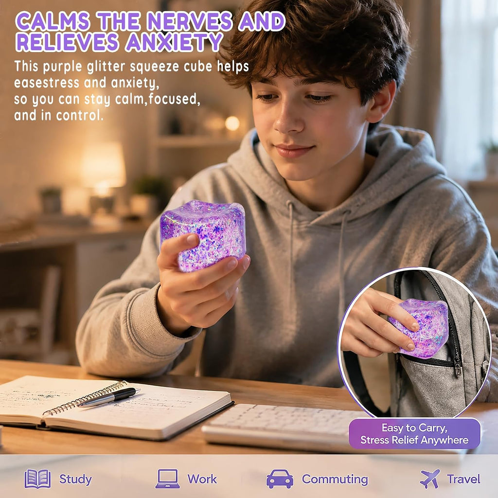 Glitter Cube Squishy Fidget Toys,Stress Sensory Purple Ice Cube Squishy Squeeze Toy for Adults,Stress Relief Toys for the Office,Unique Gift to Help Teens Improve Their Focus - Large 2" Cube
