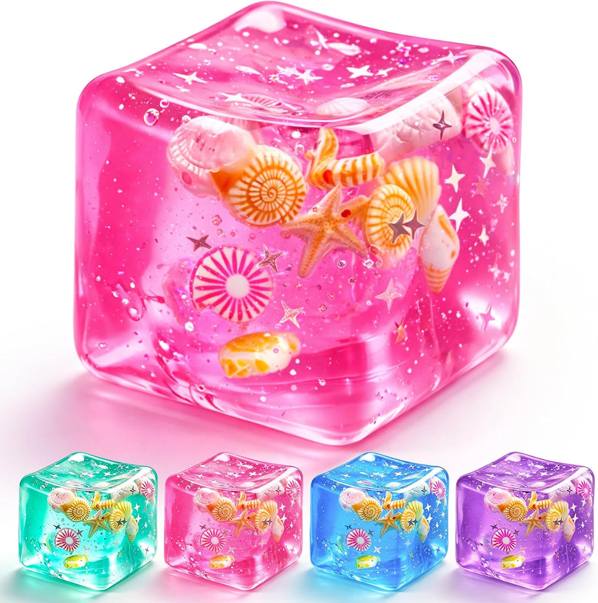 1Pc Ice Cube Squishy Stress Balls,Slow Rising Sensory Fidget Toy with Marine Shells inside Square Soft Sensory Anxiety Relief Squeeze Cube for Adults Teens Kids(Blue)