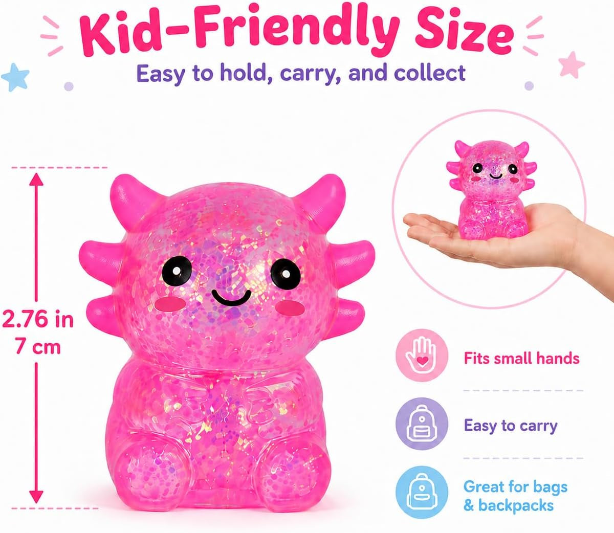 Axolotl Squishy Stress Ball, Soft TPR Slow Rising Squeeze Toy, Cute Axolotl Fidget Toy for Stress Relief, Anxiety Calming Sensory Toy for Kids Adults(Pink Seated Axolotl)