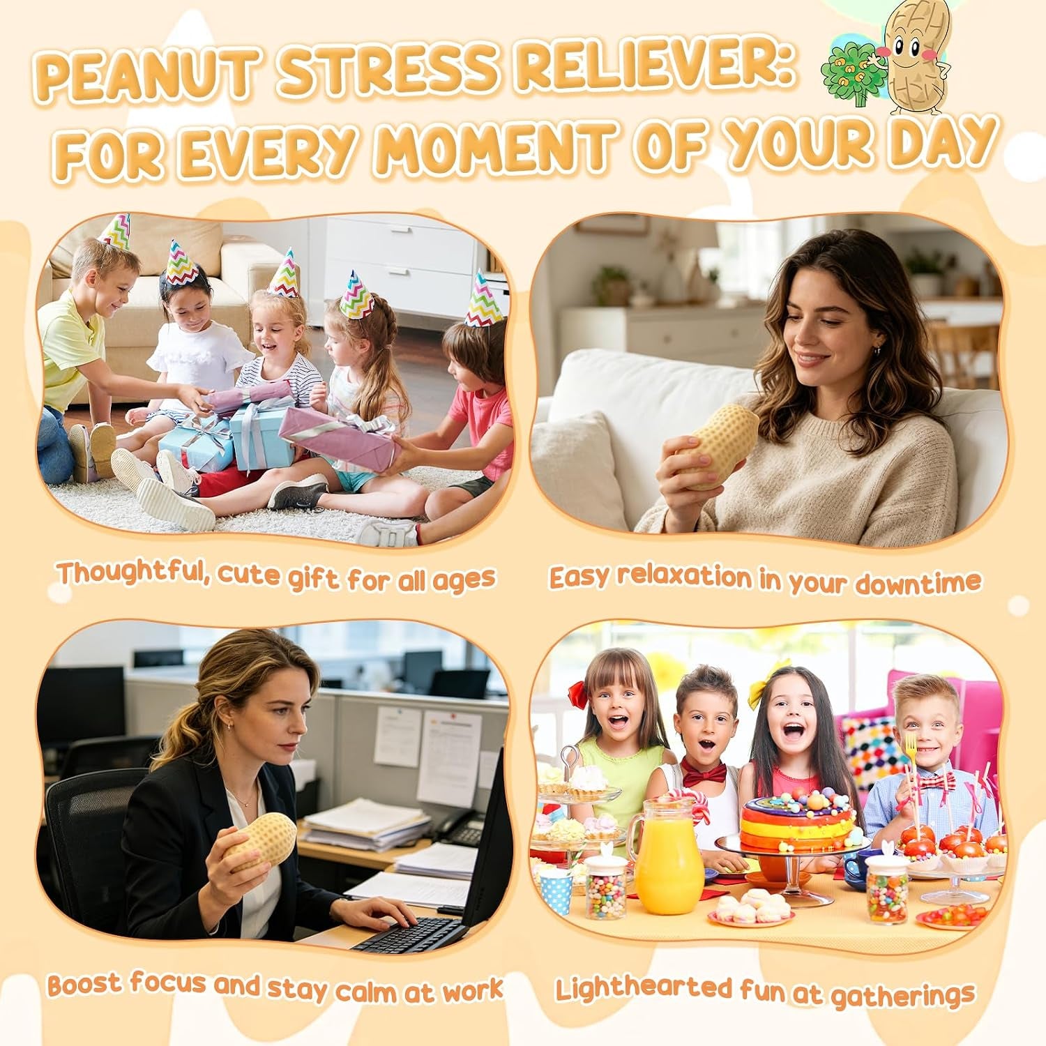 Peanut Shape Stress Relief Bal, Peanut Squishies Toys, Soft Squeeze Fidget, Hand Grip Decompression Ball for Office Desk Focus Relaxation Portable (2PCS)