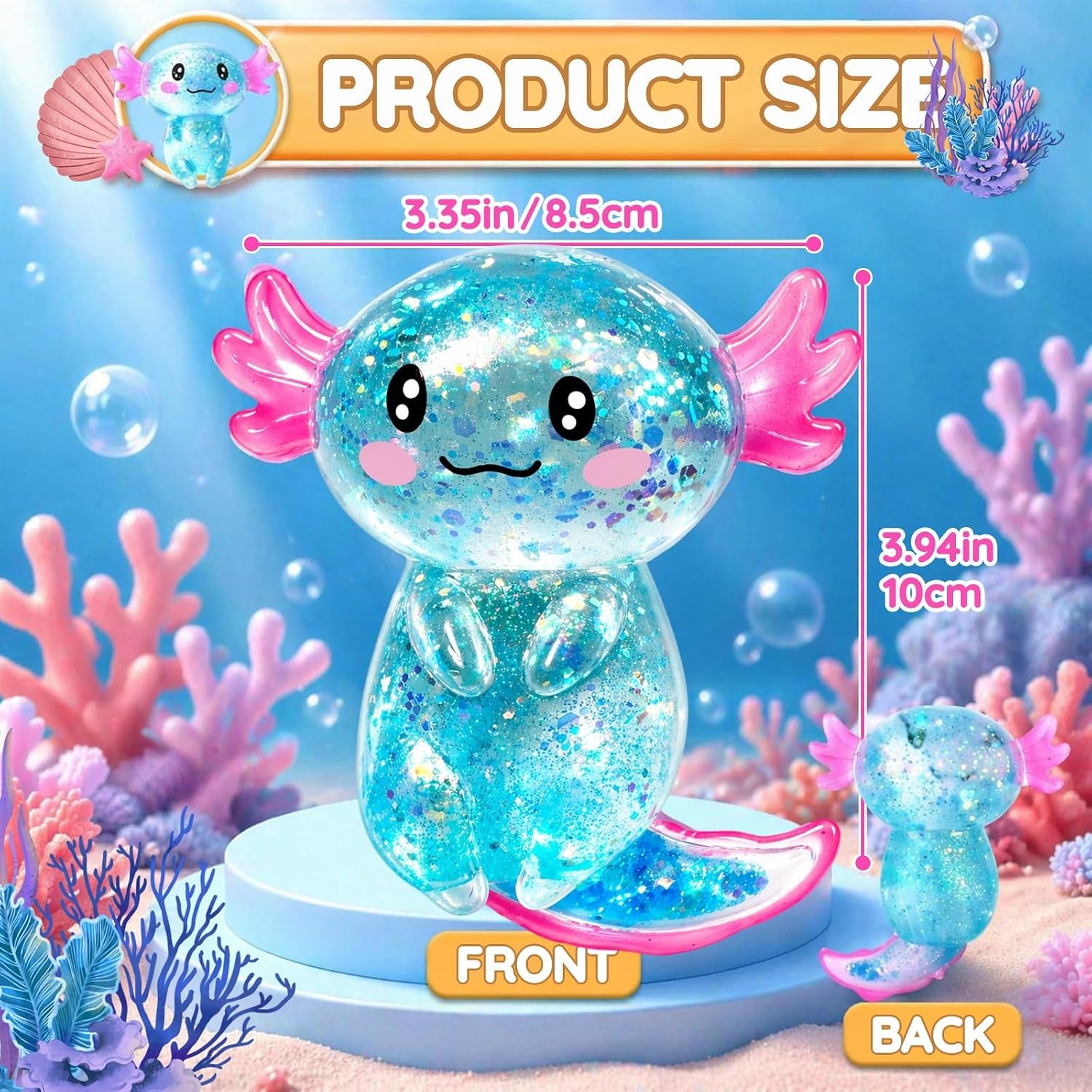 Axolotl Squishy Glitter Stress Relief Toy, Stretchy Axolotls Stress Ball, Relief Squishy Toys, Fidget Toys for Kids Youth Adult, Salamander Gift for Party Birthday Christmas (Blue)
