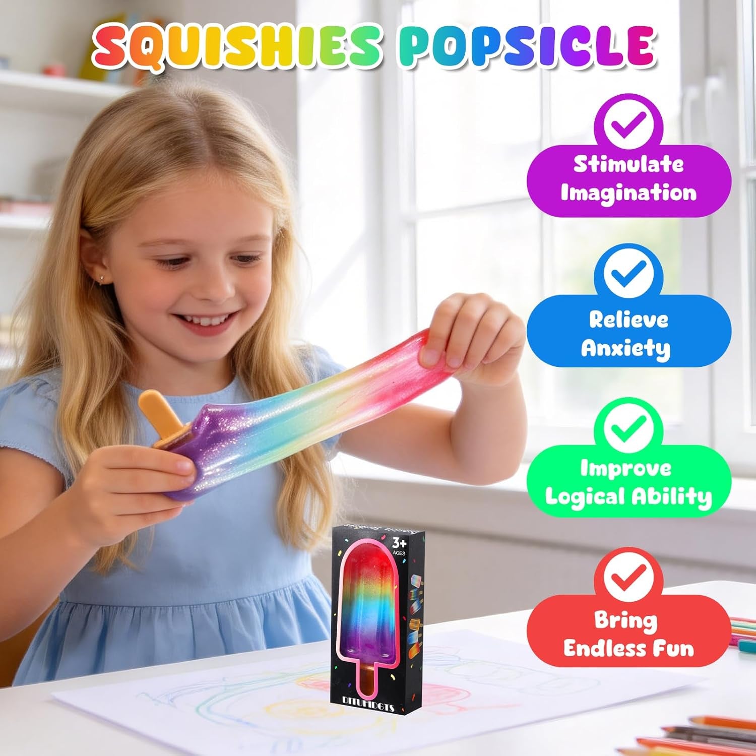 Popsicle Squishy Sugar Ice Cream Squishies Squeeze Toys | Slow Rising Texture,Leakproof Structure, Soft Tactile Feel for Kids Teens Adults Travel,Office Study & Summer Classroom Prize