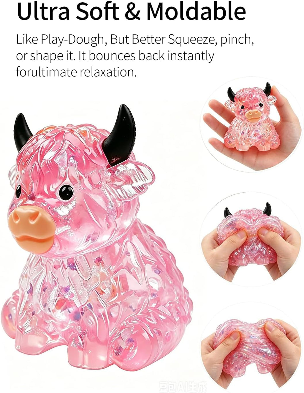 4PCS Highland Cow Squishy Fidget Toys,Glitter Squeeze Sensory Toys Ultra-Soft Slow Rising Stress Relief Anxiety Relief Desk Decor for Home and Office,Christmas Birthday Gift Party Favors