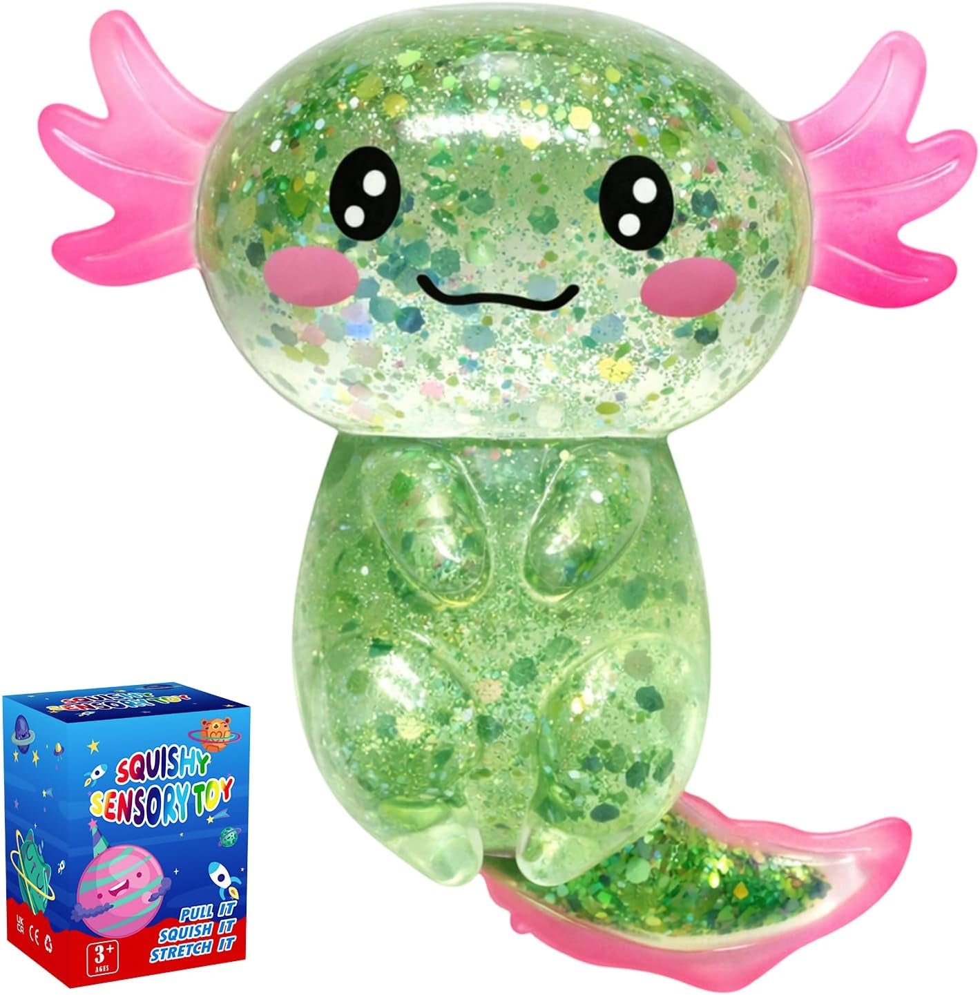 Axolotl Squishy Glitter Stress Relief Toy, Stretchy Axolotls Stress Ball, Relief Squishy Toys, Fidget Toys for Kids Youth Adult, Salamander Gift for Party Birthday Christmas (Blue)