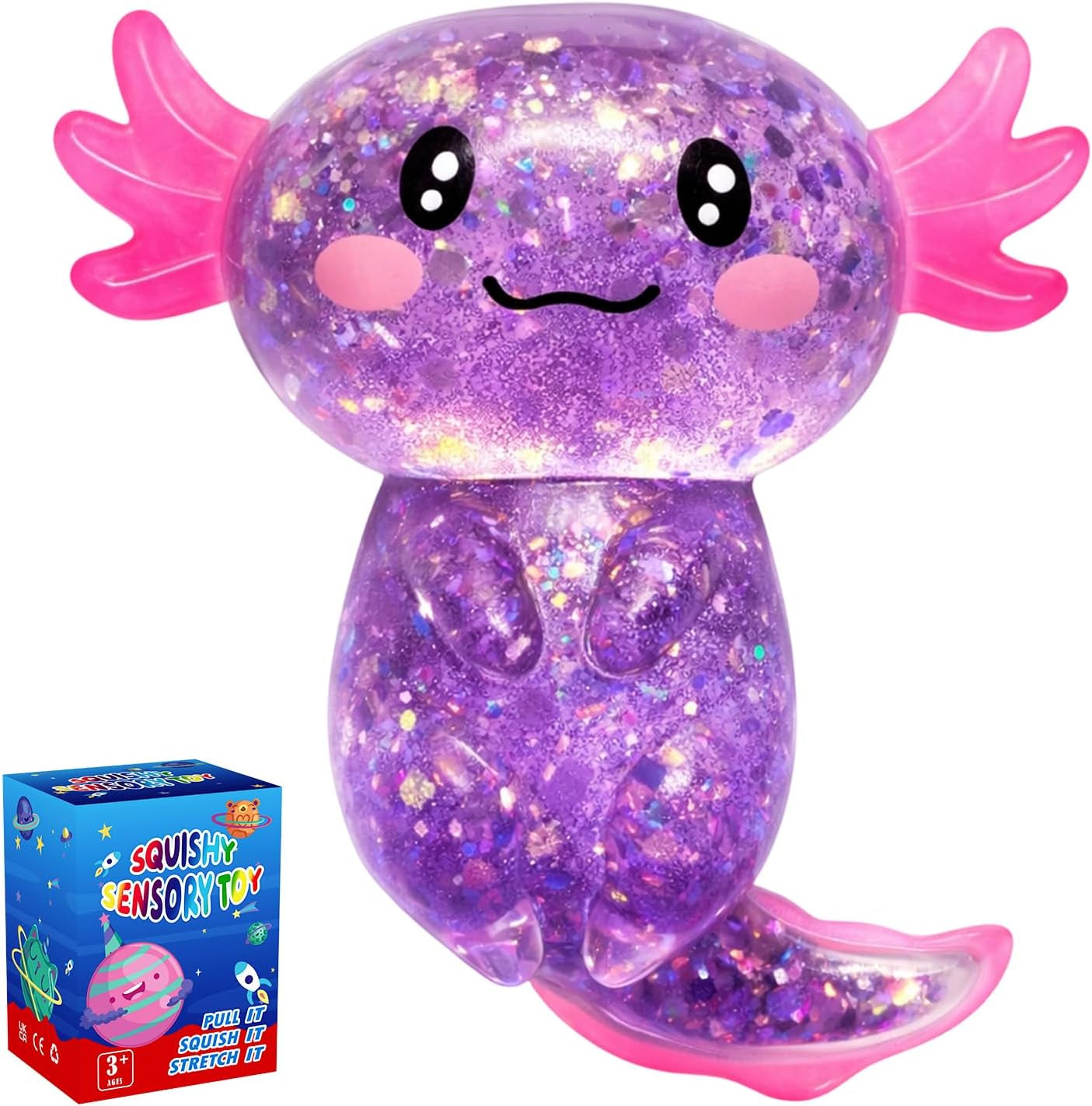 Axolotl Squishy Glitter Stress Relief Toy, Stretchy Axolotls Stress Ball, Relief Squishy Toys, Fidget Toys for Kids Youth Adult, Salamander Gift for Party Birthday Christmas (Blue)