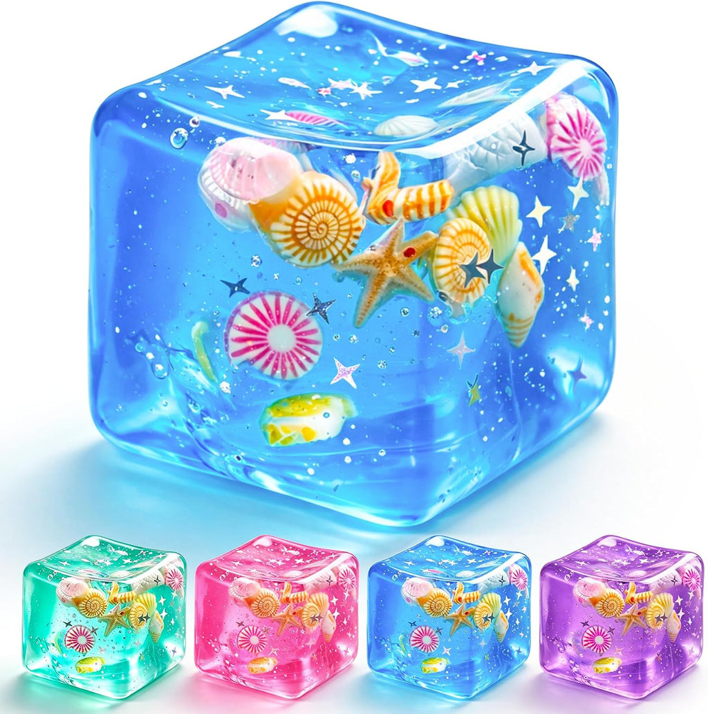 1Pc Ice Cube Squishy Stress Balls,Slow Rising Sensory Fidget Toy with Marine Shells inside Square Soft Sensory Anxiety Relief Squeeze Cube for Adults Teens Kids(Blue)