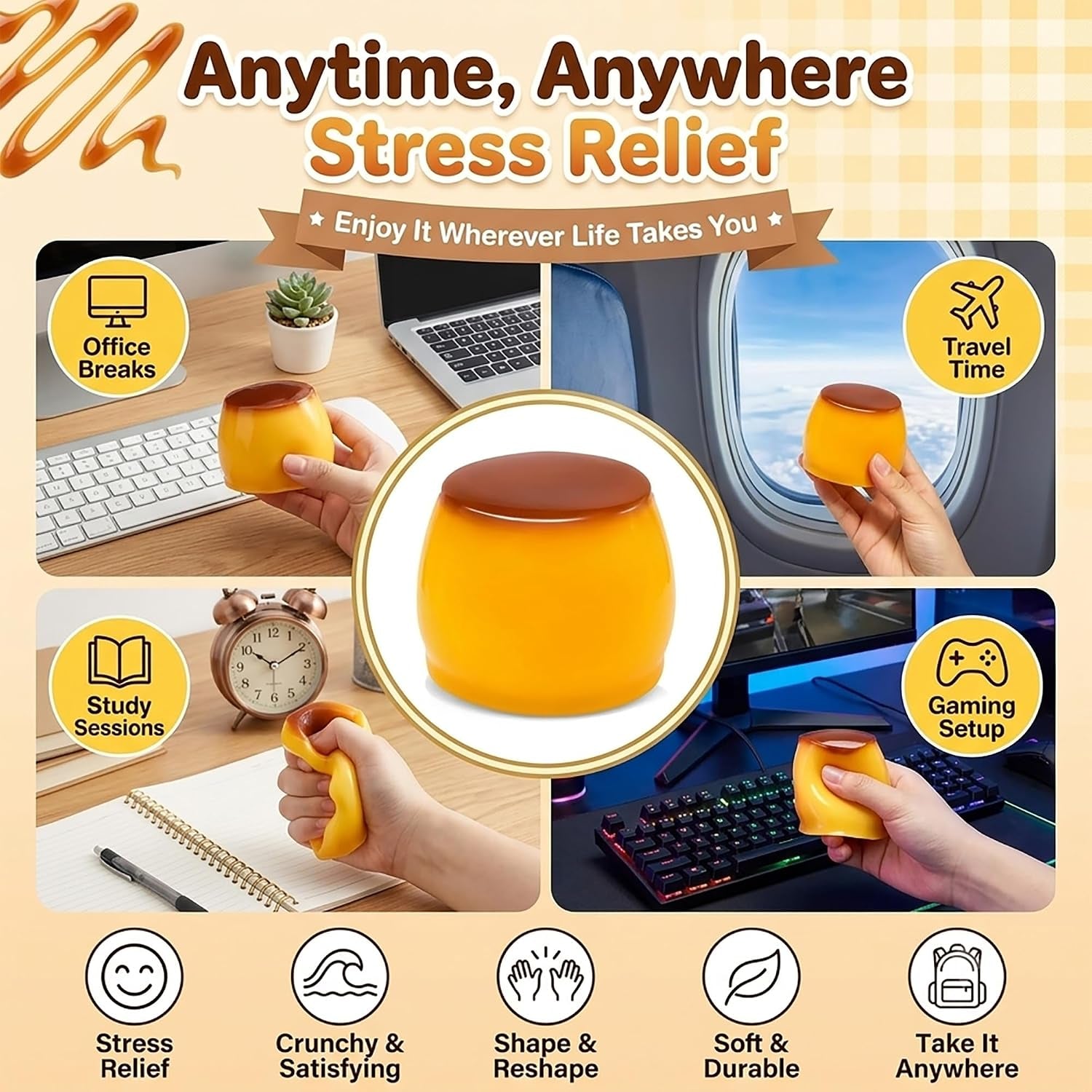 2PCS Crunchy Pudding Squishy, ASMR Sensory Fidget Toys for Adults | Satisfying Crunchy ASMR Texture, Durable Soft TPR Slow Rising Squeeze Toy for Office,Travel, Stress Relief, and Gift Ideas