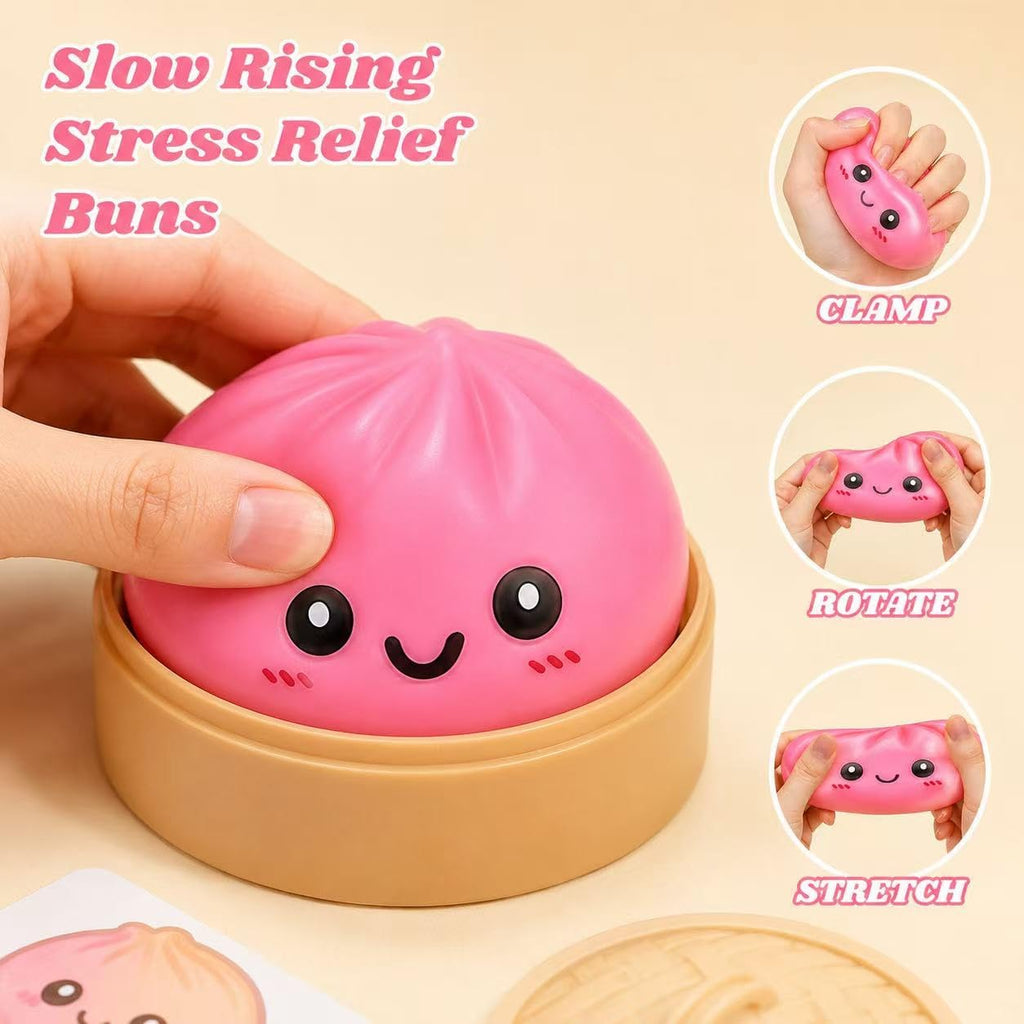 Dumpling Squishies, Glitter Dumpling Mystery Box, Fidget Sensory Toy for Adults,Colorful Dumplings Stress Balls with Food Steamer,Stretchy Desk Toys (Pink)