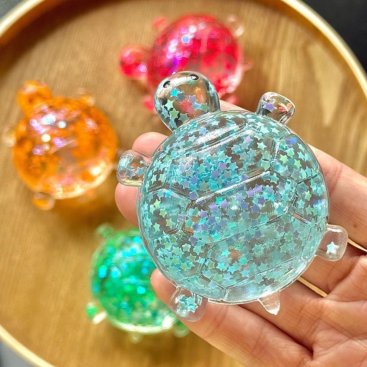 Glitter Turtle Squishies, Cute Soft Relaxing Stress Relief Squeezes, Colorful Turtle Stress Balls Gifts for Office Desk Suitable for Adult Use in Offices and Homes 2 Pack（Blue + Green）