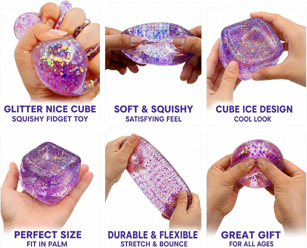 Glitter Cube Squishy Fidget Toys,Stress Sensory Purple Ice Cube Squishy Squeeze Toy for Adults,Stress Relief Toys for the Office,Unique Gift to Help Teens Improve Their Focus - Large 2" Cube
