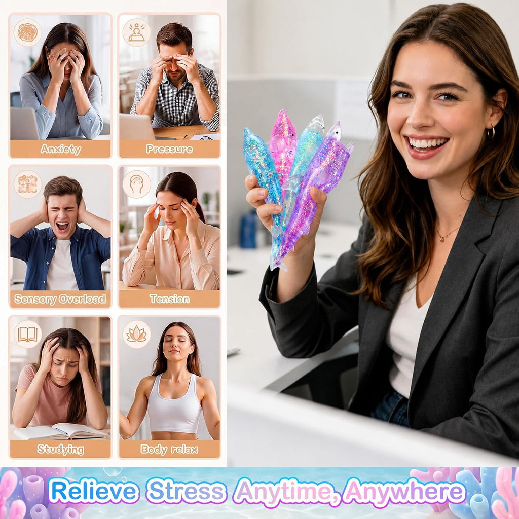 4 Pack Glitter Shark Sugar Stress Ball, Soft Dolphin Squeeze Sensory Balls for Adults Anxiety Relief, Pink Blue Kawaii Animals Stress Gifts for Ocean Party Favors