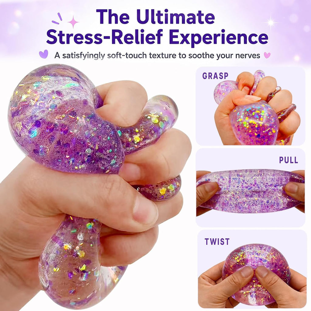 Glitter Cube Squishy Fidget Toys,Stress Sensory Purple Ice Cube Squishy Squeeze Toy for Adults,Stress Relief Toys for the Office,Unique Gift to Help Teens Improve Their Focus - Large 2" Cube