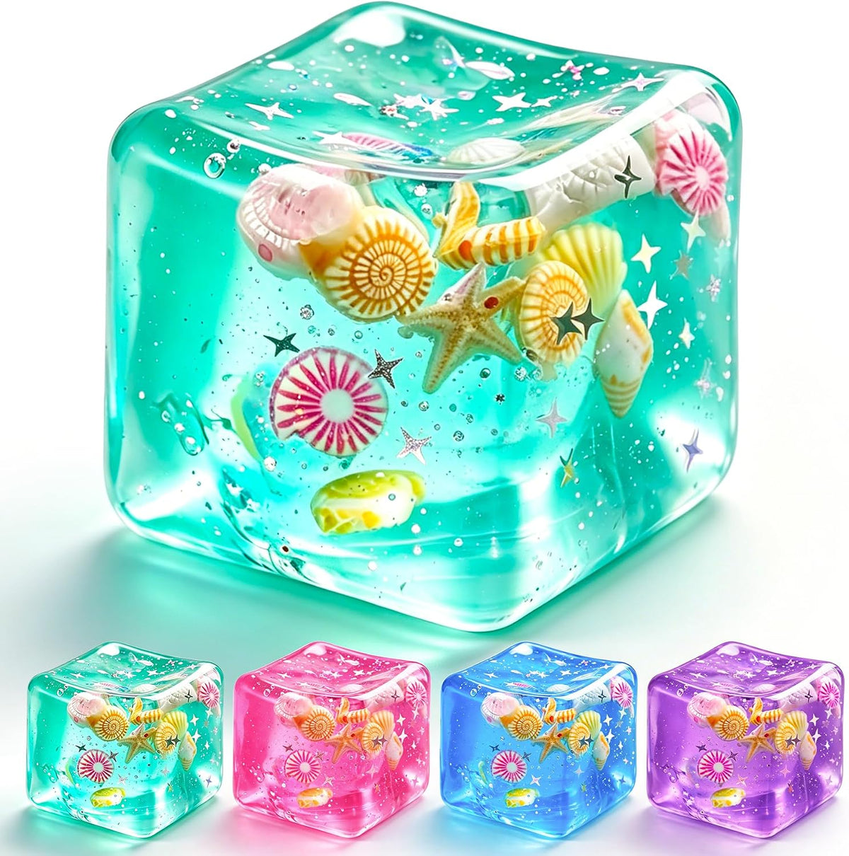 1Pc Ice Cube Squishy Stress Balls,Slow Rising Sensory Fidget Toy with Marine Shells inside Square Soft Sensory Anxiety Relief Squeeze Cube for Adults Teens Kids(Blue)