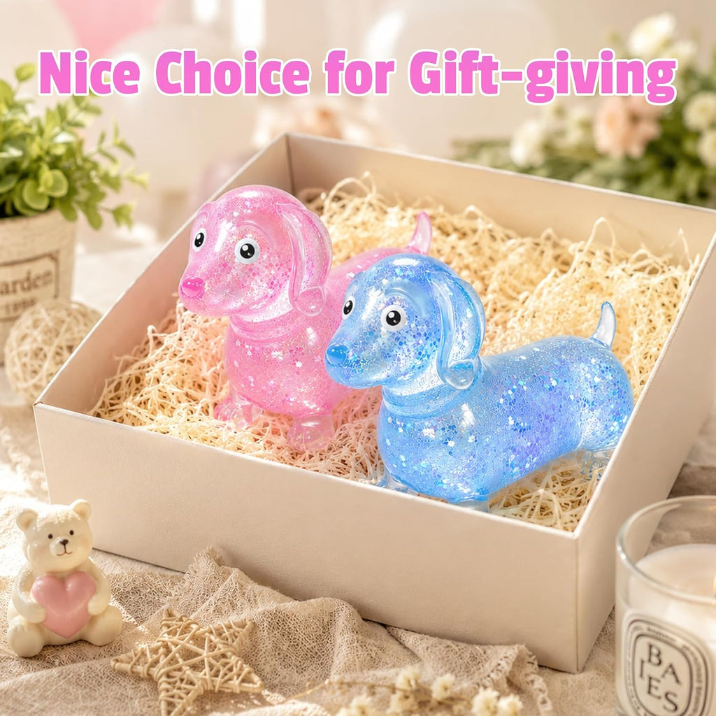 2 Pack Dachshund Squishy, Weiner Dog Squishy Glitter Dachshund Slow Rise Fidget for Anxiety Relief Stress Ball for Children and Adults Soft Squeeze Desk Gadget for Home Office Travel