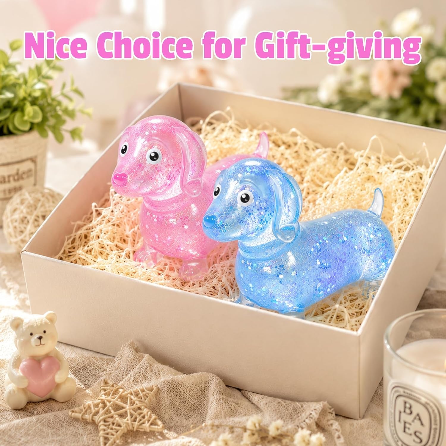 2 Pack Dachshund Squishy, Weiner Dog Squishy Glitter Dachshund Slow Rise Fidget for Anxiety Relief Stress Ball for Children and Adults Soft Squeeze Desk Gadget for Home Office Travel