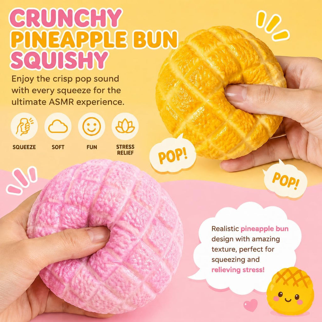 Crunchy Pineapple Bun Squishy - Bead Filled Squeeze Fidget Toy, Realistic Food Replica Design Sensory Squeeze Ball with Crunchy ASMR Feel for Adults，Pink