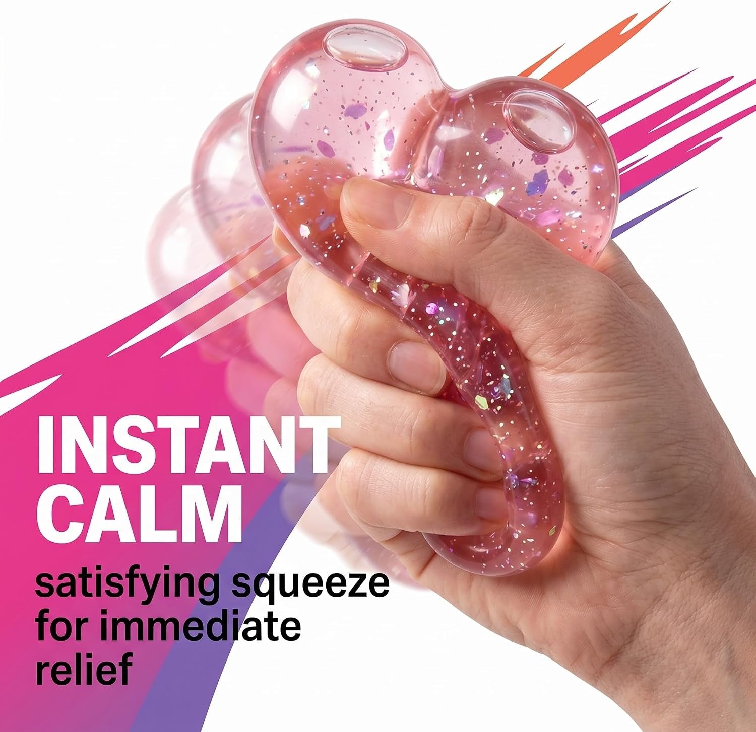 Glitter Squishies,Heart Stress Balls for Adults & Teens Soft Squishy Sensory Fidget Toys Great Stress Relief Gift & Stocking Filler (Pink)
