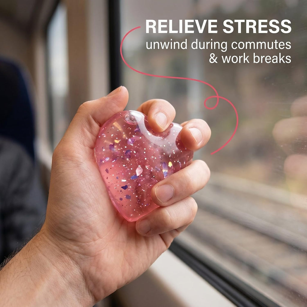 Glitter Squishies,Heart Stress Balls for Adults & Teens Soft Squishy Sensory Fidget Toys Great Stress Relief Gift & Stocking Filler (Pink)
