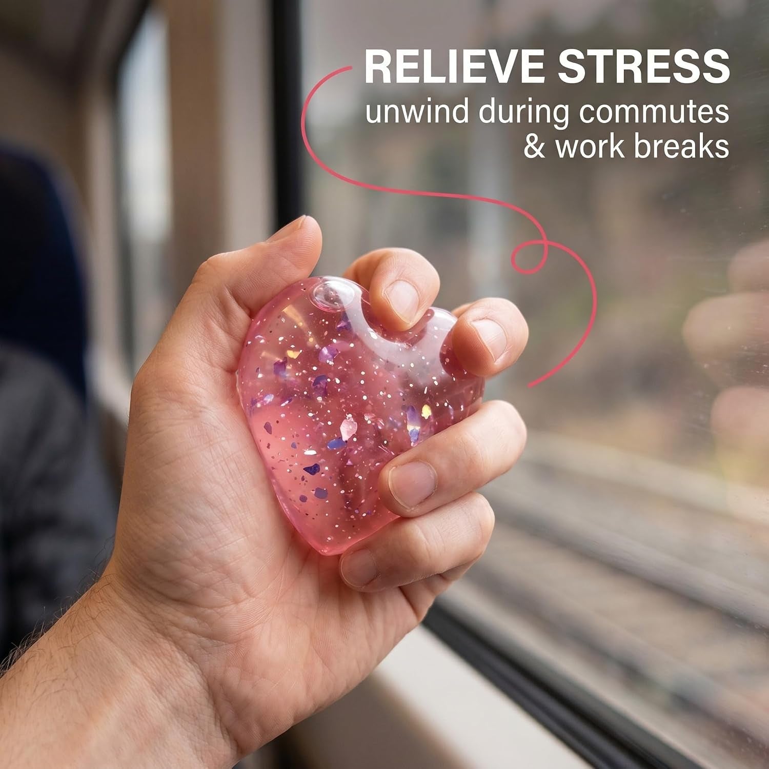 Glitter Squishies,Heart Stress Balls for Adults & Teens Soft Squishy Sensory Fidget Toys Great Stress Relief Gift & Stocking Filler (Pink)