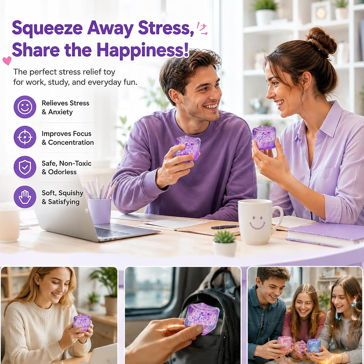 Glitter Cube Squishy Fidget Toys,Stress Sensory Purple Ice Cube Squishy Squeeze Toy for Adults,Stress Relief Toys for the Office,Unique Gift to Help Teens Improve Their Focus - Large 2" Cube