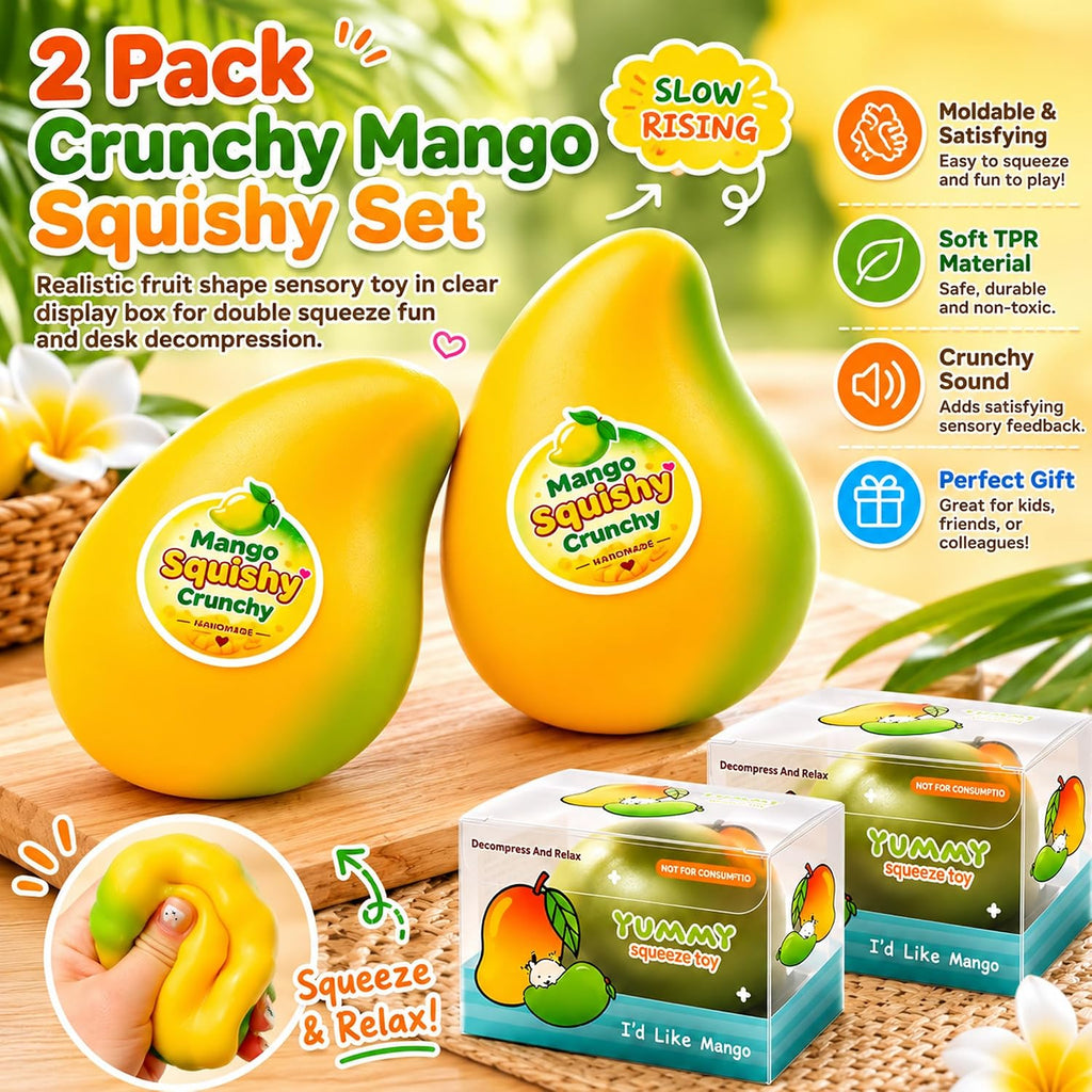 2Pcs Crunchy Mango Squishy Toy Slow Risin Sensory Stress Ball Desk Fidget | Soft Crunchy Slow Rebound Sensory Squeeze Ball for Focus Anxiety Relieffor Party Favors Birthday Gifts Kids Adults