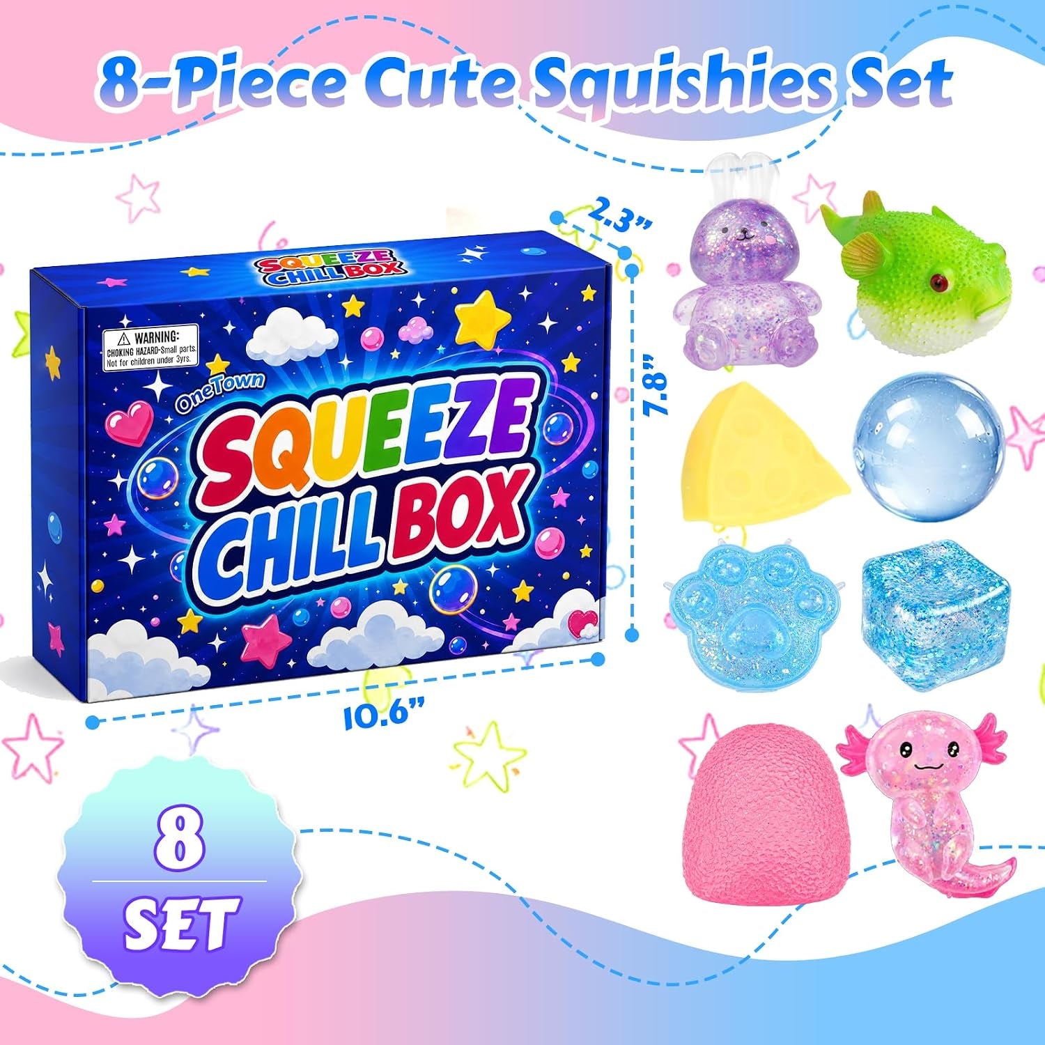 8 Pcs Squishies Toys Kit with Gift Box,Cute Axolotl,Cat Paw & Cheese Squishies,Slow-Rising Sensory Fidget Toys,Soft Squeeze Stress Relief Toy for Adults,Party Favors & Gifts (Random Color)
