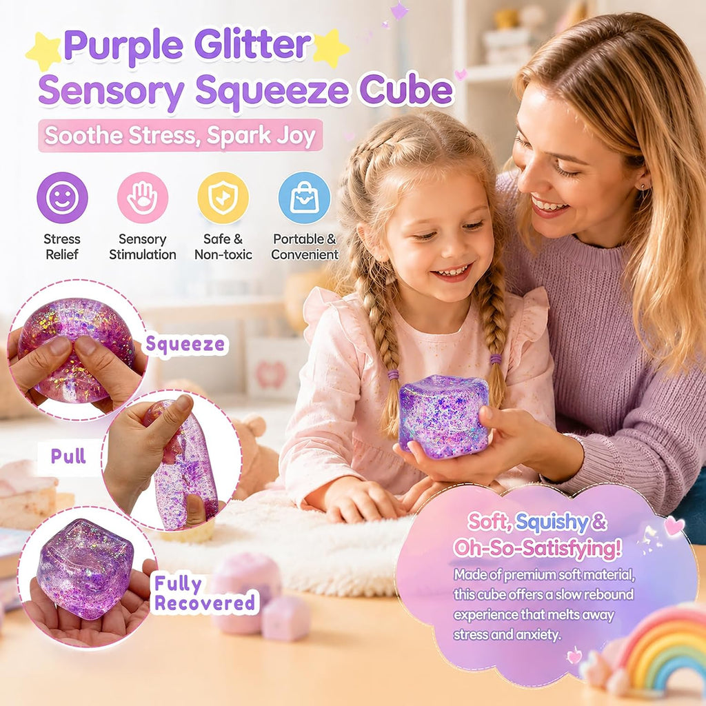 Glitter Cube Squishy Fidget Toys,Stress Sensory Purple Ice Cube Squishy Squeeze Toy for Adults,Stress Relief Toys for the Office,Unique Gift to Help Teens Improve Their Focus - Large 2" Cube