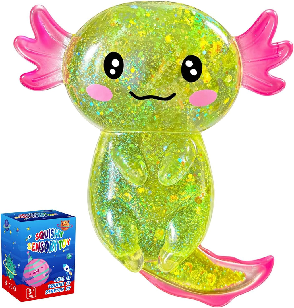 Axolotl Squishy Glitter Stress Relief Toy, Stretchy Axolotls Stress Ball, Relief Squishy Toys, Fidget Toys for Kids Youth Adult, Salamander Gift for Party Birthday Christmas (Blue)