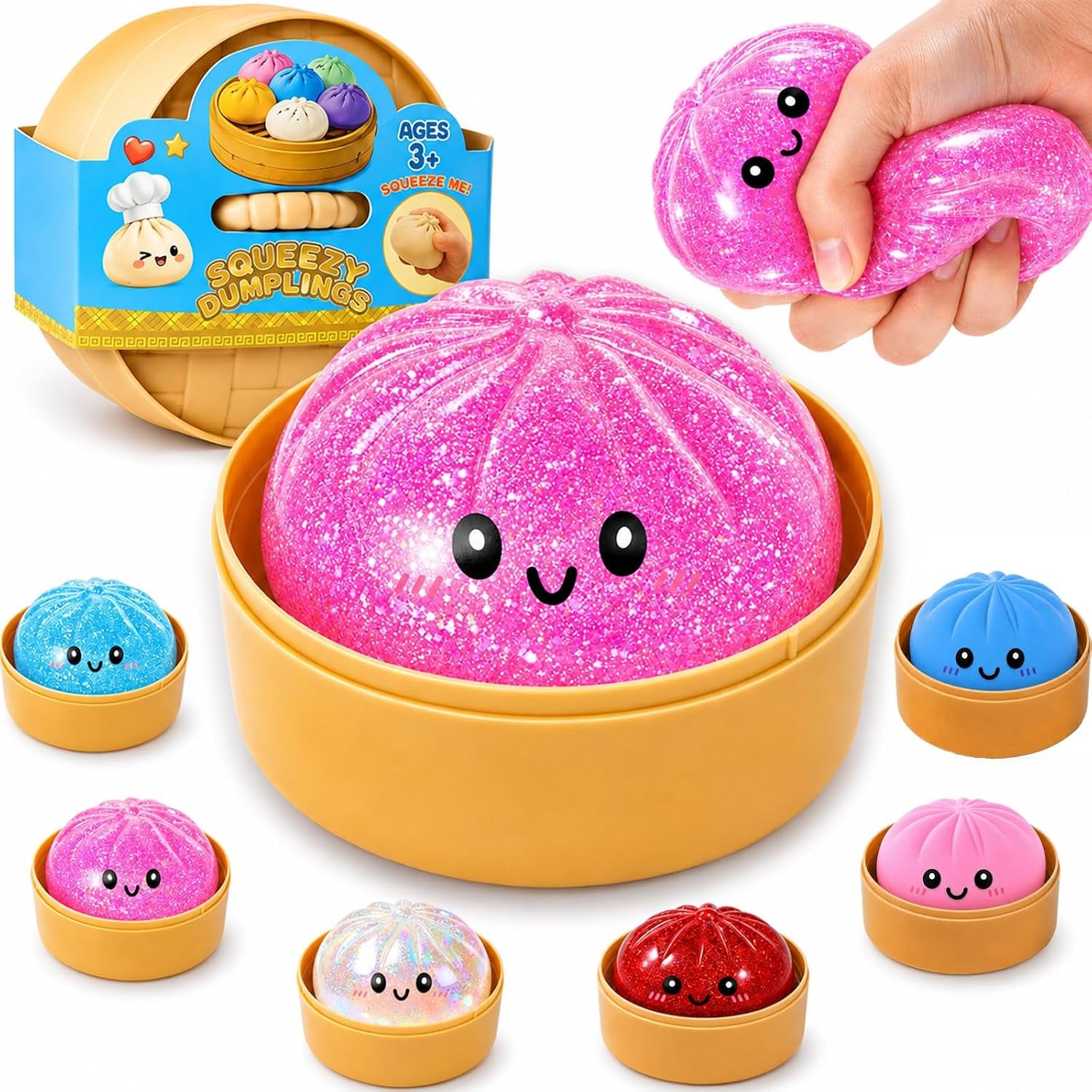 Dumpling Squishies, Glitter Dumpling Mystery Box, Fidget Sensory Toy for Adults,Colorful Dumplings Stress Balls with Food Steamer,Stretchy Desk Toys (Pink)