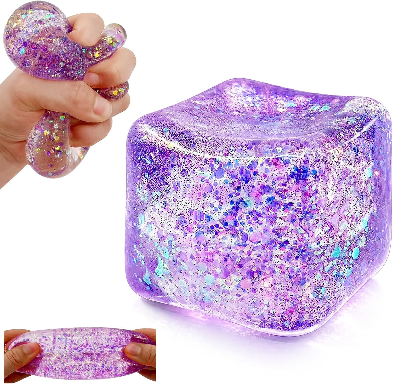 Glitter Cube Squishy Fidget Toys,Stress Sensory Purple Ice Cube Squishy Squeeze Toy for Adults,Stress Relief Toys for the Office,Unique Gift to Help Teens Improve Their Focus - Large 2" Cube
