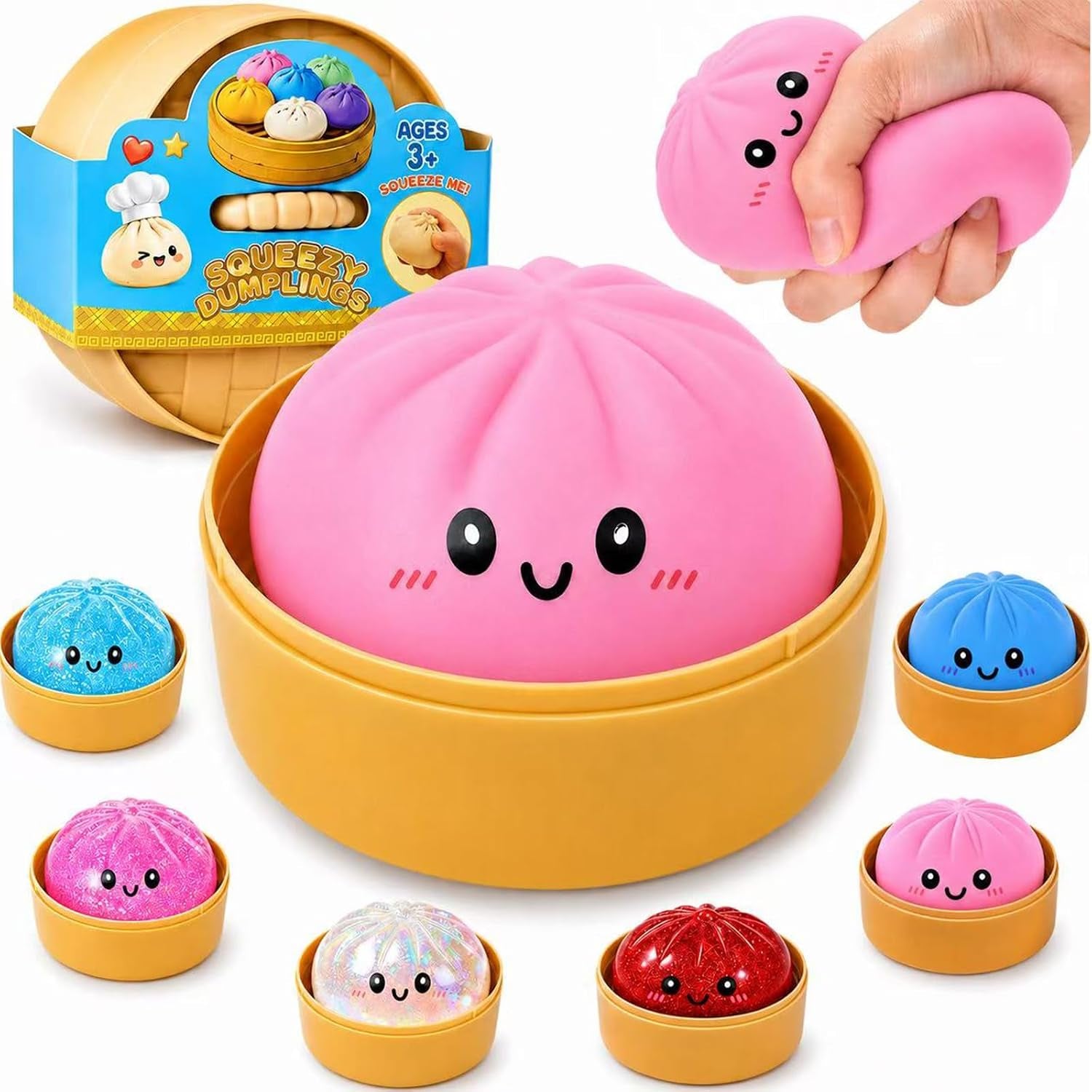 Dumpling Squishies, Glitter Dumpling Mystery Box, Fidget Sensory Toy for Adults,Colorful Dumplings Stress Balls with Food Steamer,Stretchy Desk Toys (Pink)