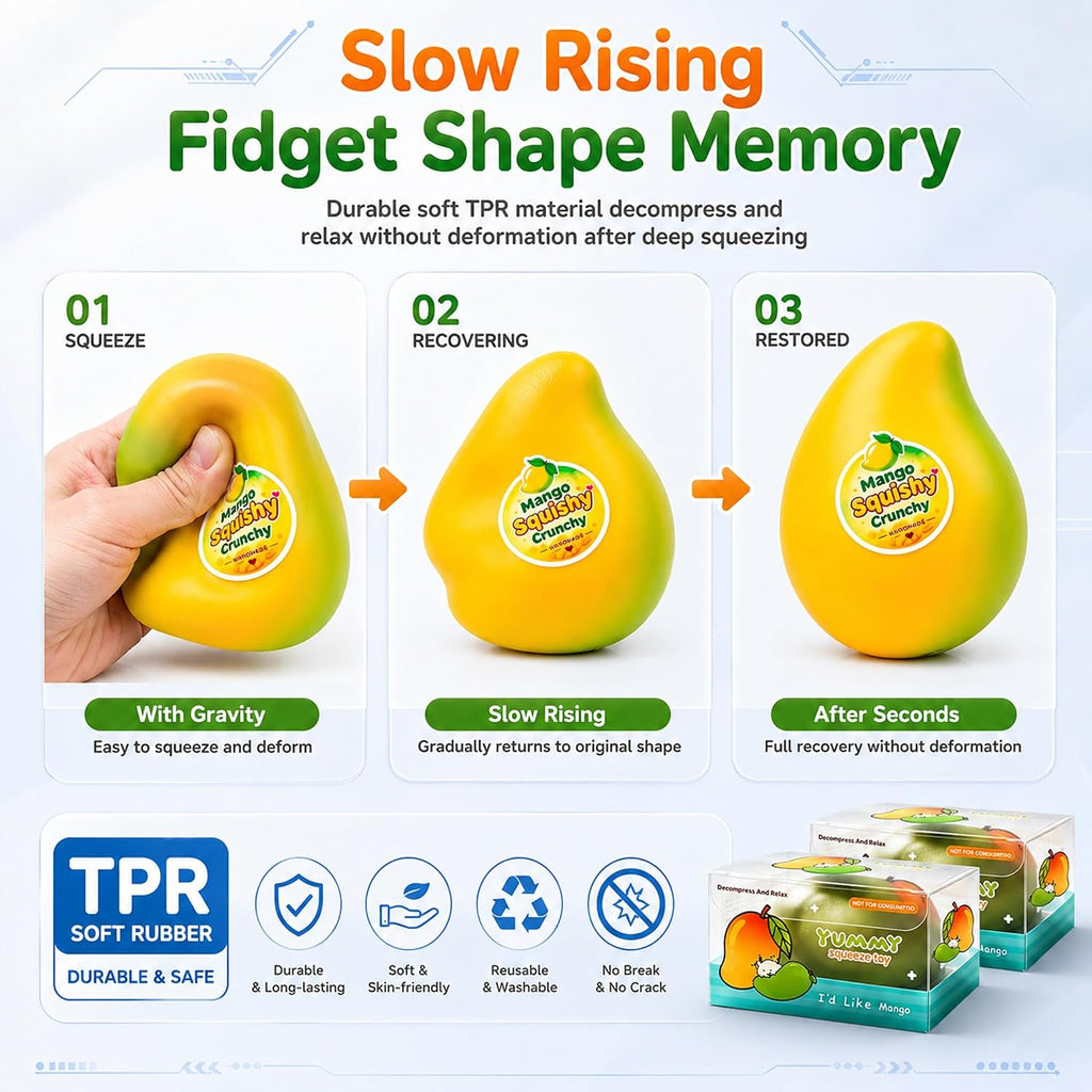 2Pcs Crunchy Mango Squishy Toy Slow Risin Sensory Stress Ball Desk Fidget | Soft Crunchy Slow Rebound Sensory Squeeze Ball for Focus Anxiety Relieffor Party Favors Birthday Gifts Kids Adults