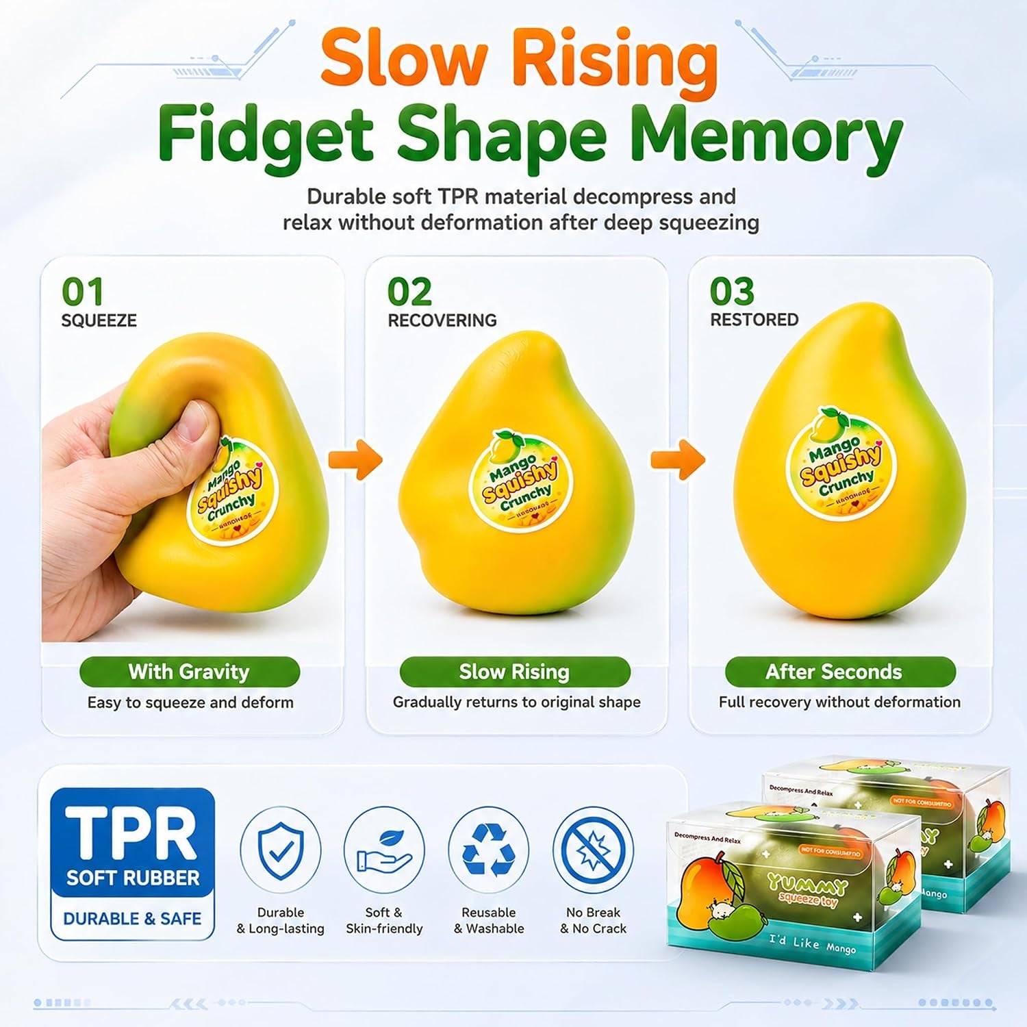 2Pcs Crunchy Mango Squishy Toy Slow Risin Sensory Stress Ball Desk Fidget | Soft Crunchy Slow Rebound Sensory Squeeze Ball for Focus Anxiety Relieffor Party Favors Birthday Gifts Kids Adults
