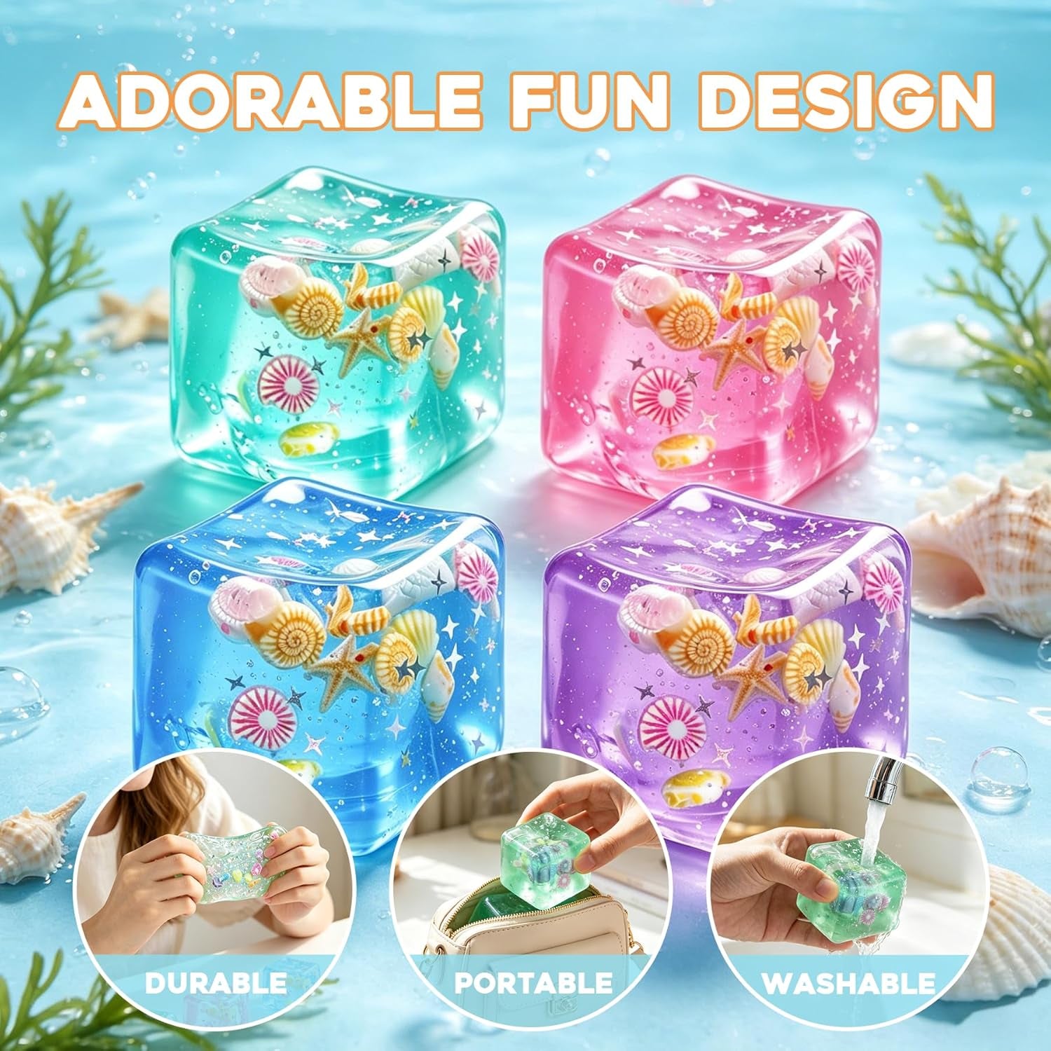 1Pc Ice Cube Squishy Stress Balls,Slow Rising Sensory Fidget Toy with Marine Shells inside Square Soft Sensory Anxiety Relief Squeeze Cube for Adults Teens Kids(Blue)
