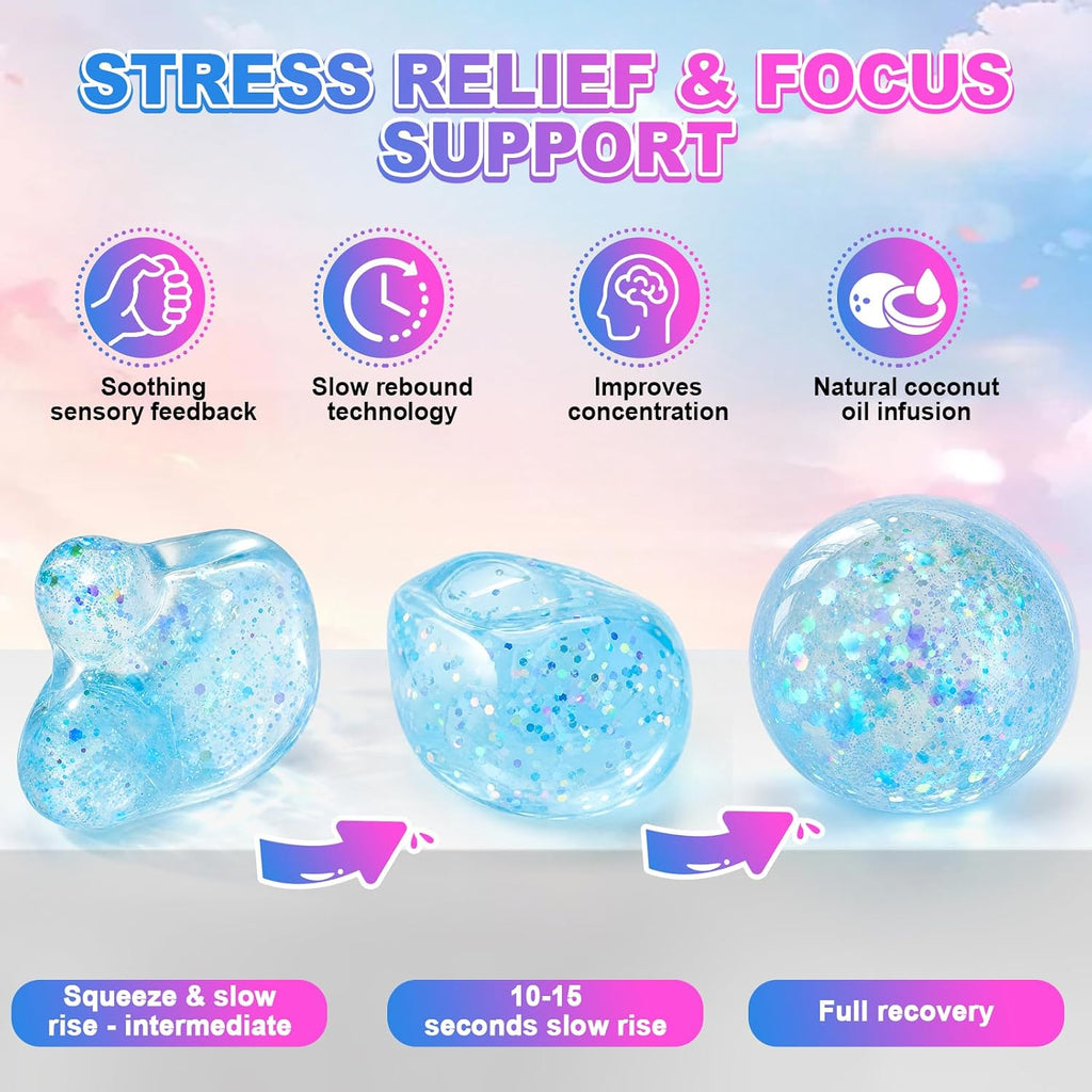 2 PCS Coconut Oil Squishy, Shapeable No Rebound Stress Relief Ball, Fun Sensory Fidget Toy, Study Work Relaxation Desk Decor, Fun Anxiety Gift for Adults & Kids(Blue+Pink)