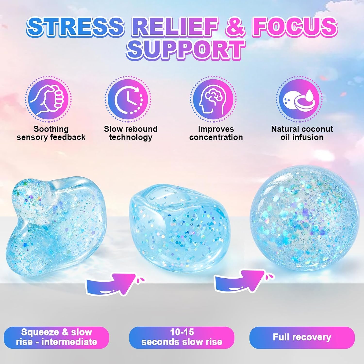 2 PCS Coconut Oil Squishy, Shapeable No Rebound Stress Relief Ball, Fun Sensory Fidget Toy, Study Work Relaxation Desk Decor, Fun Anxiety Gift for Adults & Kids(Blue+Pink)