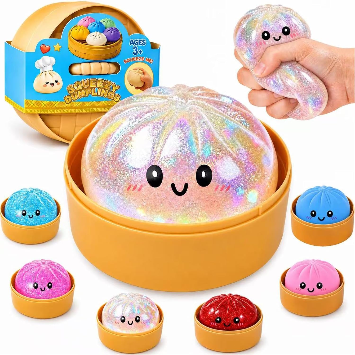 Dumpling Squishies, Glitter Dumpling Mystery Box, Fidget Sensory Toy for Adults,Colorful Dumplings Stress Balls with Food Steamer,Stretchy Desk Toys (Pink)