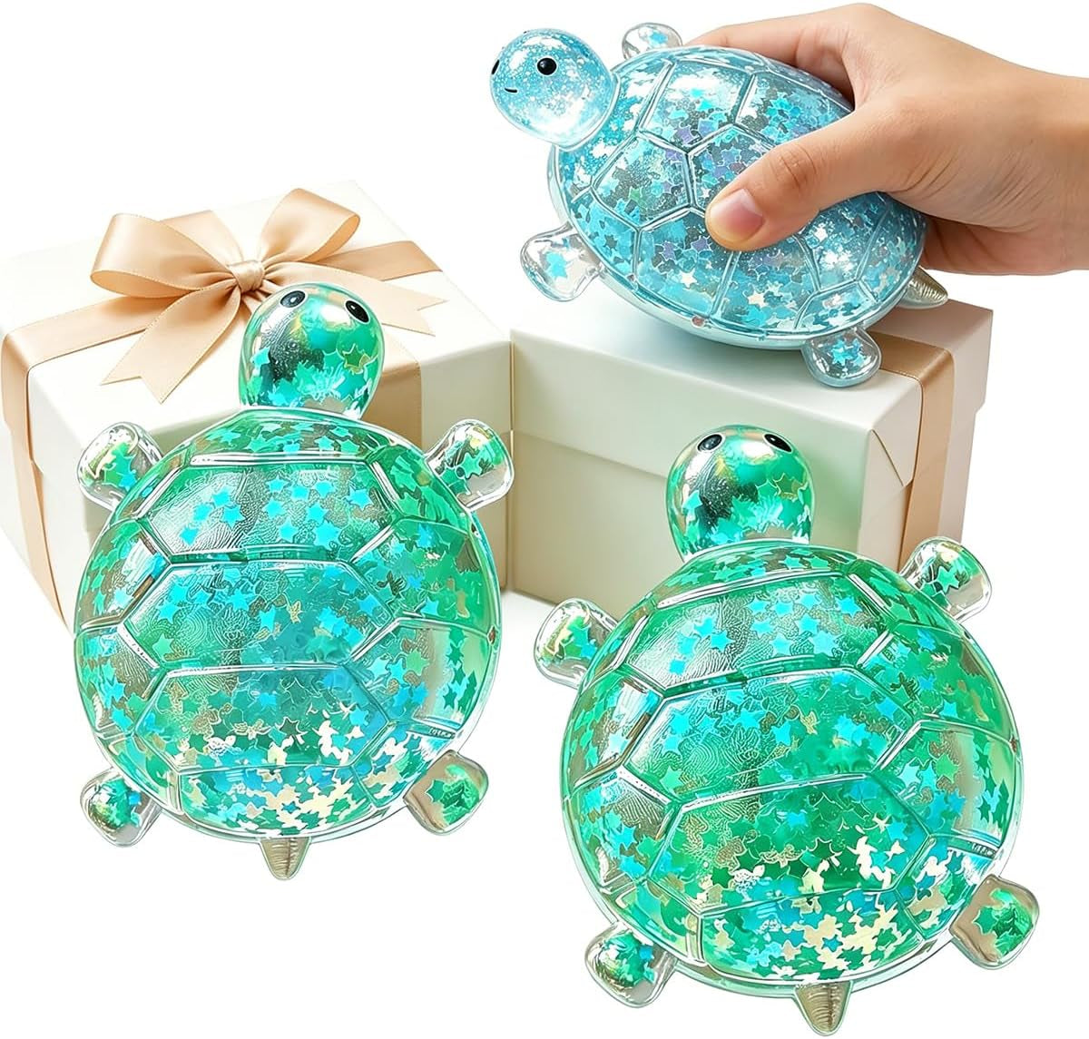 Glitter Turtle Squishies, Cute Soft Relaxing Stress Relief Squeezes, Colorful Turtle Stress Balls Gifts for Office Desk Suitable for Adult Use in Offices and Homes 2 Pack（Blue + Green）