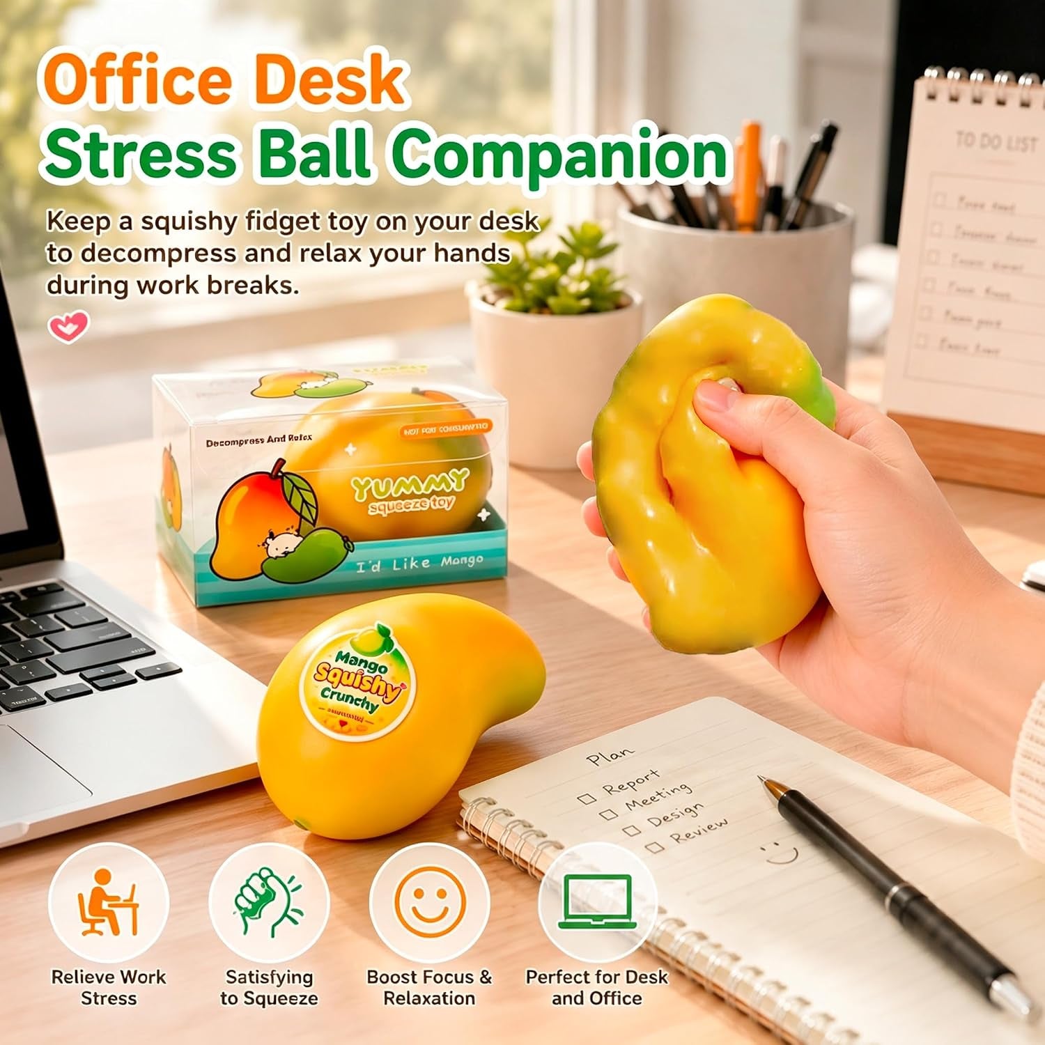 2Pcs Crunchy Mango Squishy Toy Slow Risin Sensory Stress Ball Desk Fidget | Soft Crunchy Slow Rebound Sensory Squeeze Ball for Focus Anxiety Relieffor Party Favors Birthday Gifts Kids Adults