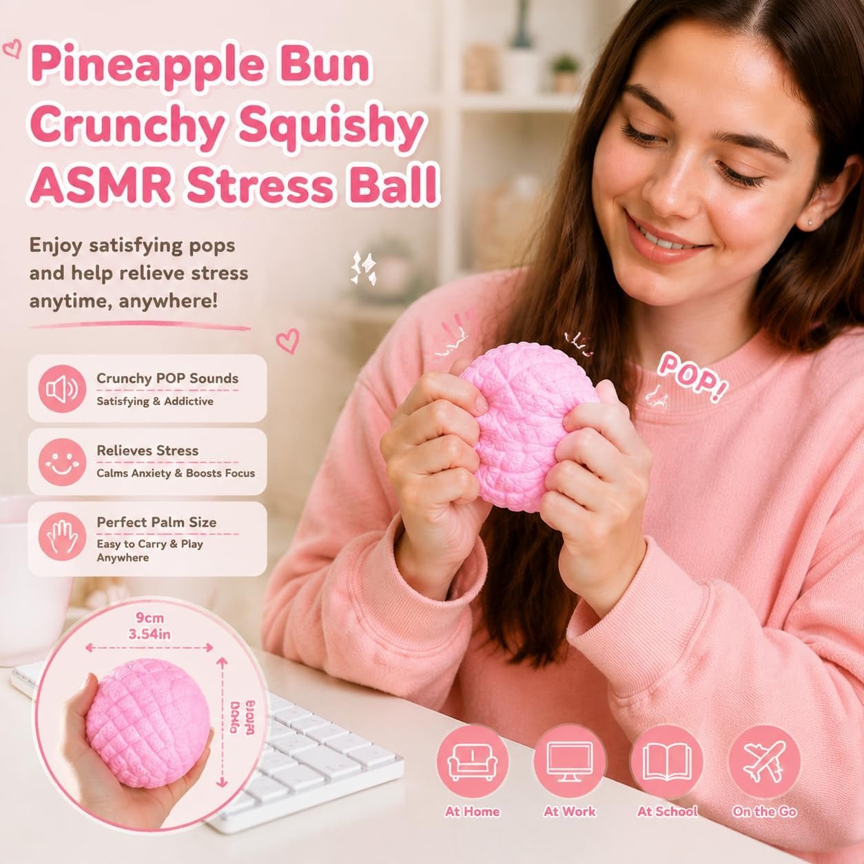 Crunchy Pineapple Bun Squishy - Bead Filled Squeeze Fidget Toy, Realistic Food Replica Design Sensory Squeeze Ball with Crunchy ASMR Feel for Adults，Pink